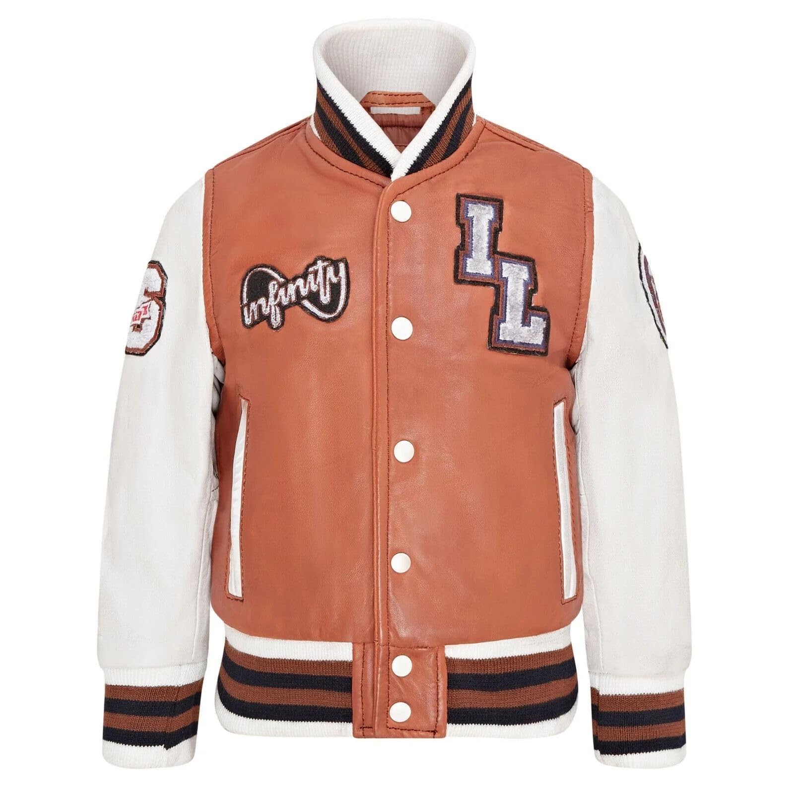 Truclothing Tan Kids Brown Genuine Leather Bomber Jacket Baseball Letterman Coat - 8-9 Years