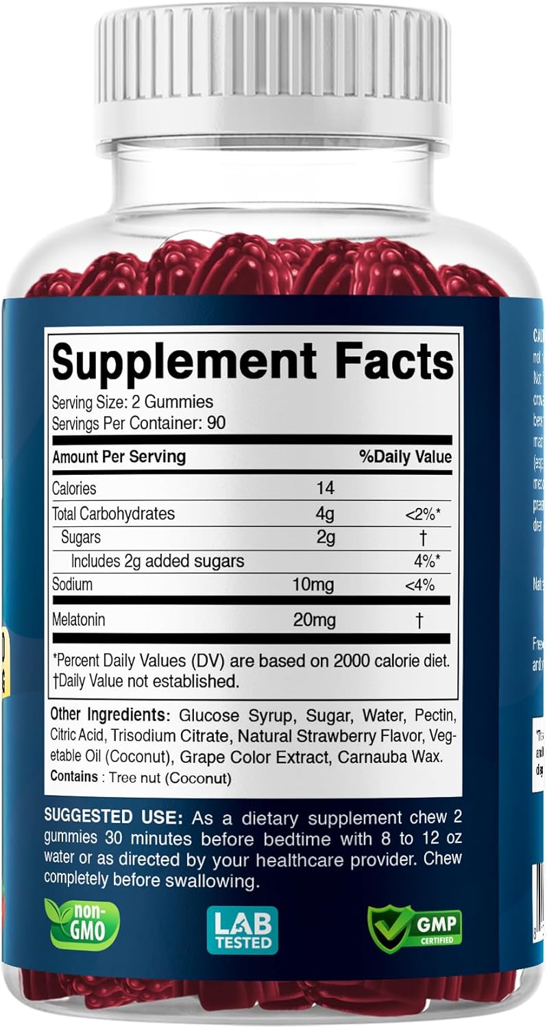 Vitabod Melatonin 20mg Gummies - 180 Count - Drug Free - Natural Strawberry Flavor - Vegetarian, Non-GMO, Gluten Free (2 Bottles)