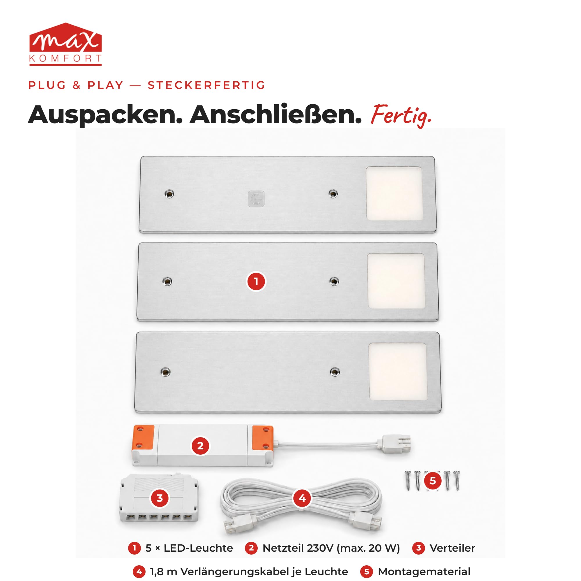 Maxkomfort LED Unterbauleuchte Küche 5er Set Dimmbar per Touch – 4W Warmweiß 3000K, Aluminium Ultraflach 5mm, Plug and Play Montage ohne Elektriker, Unterschrankleuchte Küchenschrank