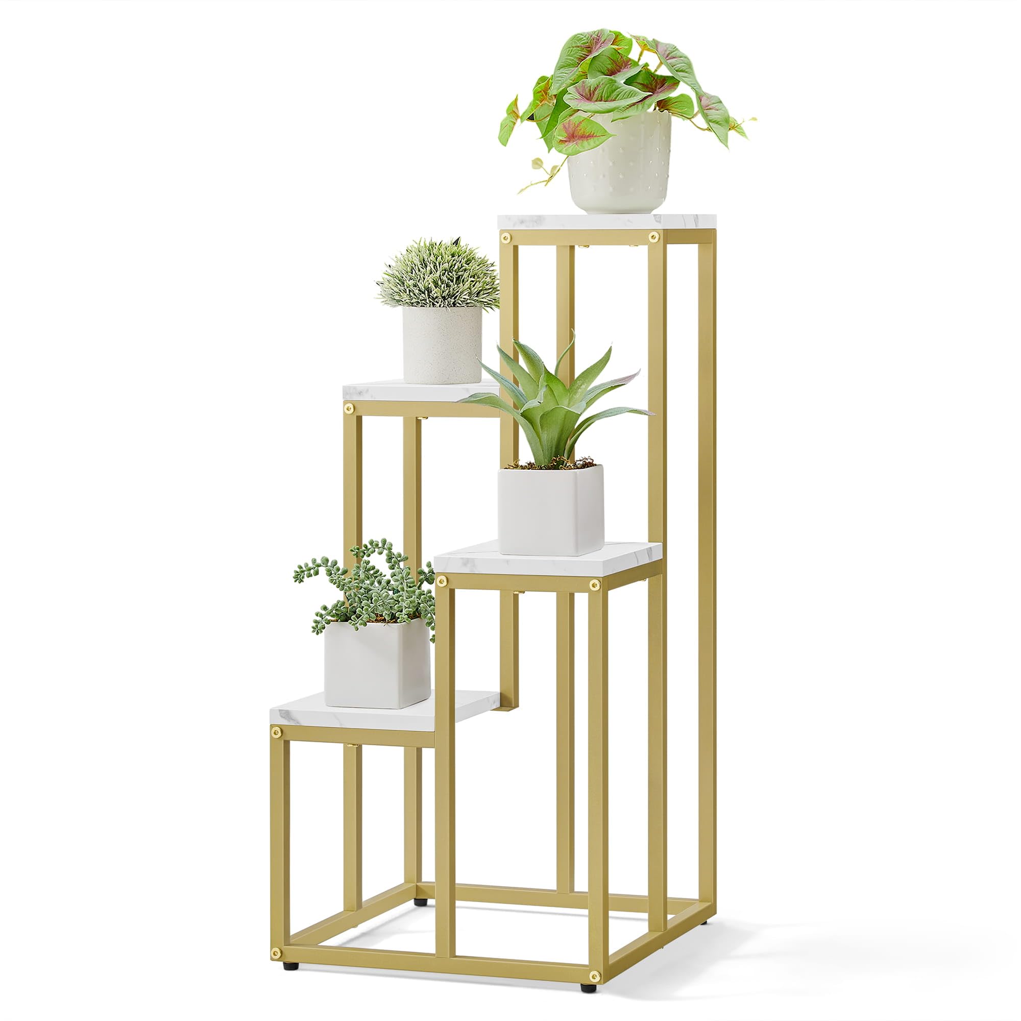Supporto per fiori a 4 ripiani, robusto scaffale per piante in metallo, salvaspazio, per soggiorno, camera da letto (marmo - oro)