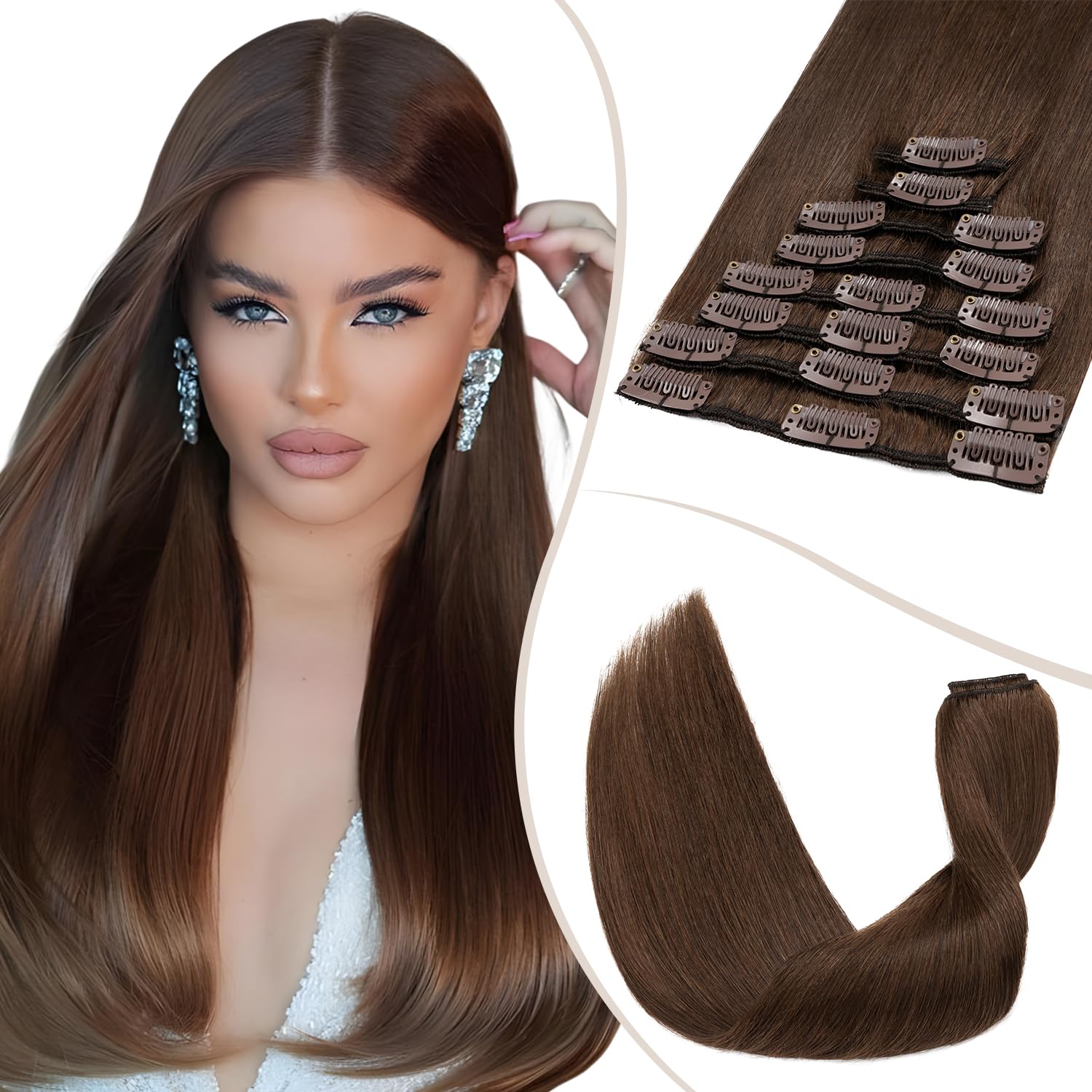TESS Clip in Hair Extensions Real Human Hair Brown Remy Seamless 8 Pieces Straight Long for Women/Girls (#04 Medium Brown, 24 Inch 80g)
