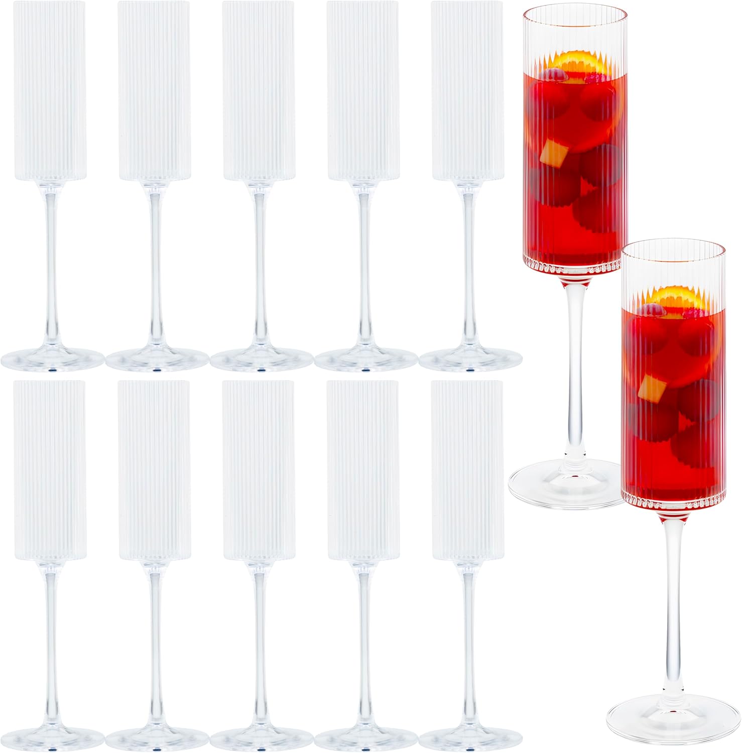 JLYLOL 24 Pcs Clear Plastic Champagne Flutes 6OZ Large Ribbed Champagne Glasses Toasting Glass Plastic Goblets for Parties Vintage Mimosa Bar Glasses Elegant Stemmed Drinking Cups for Wedding Bride