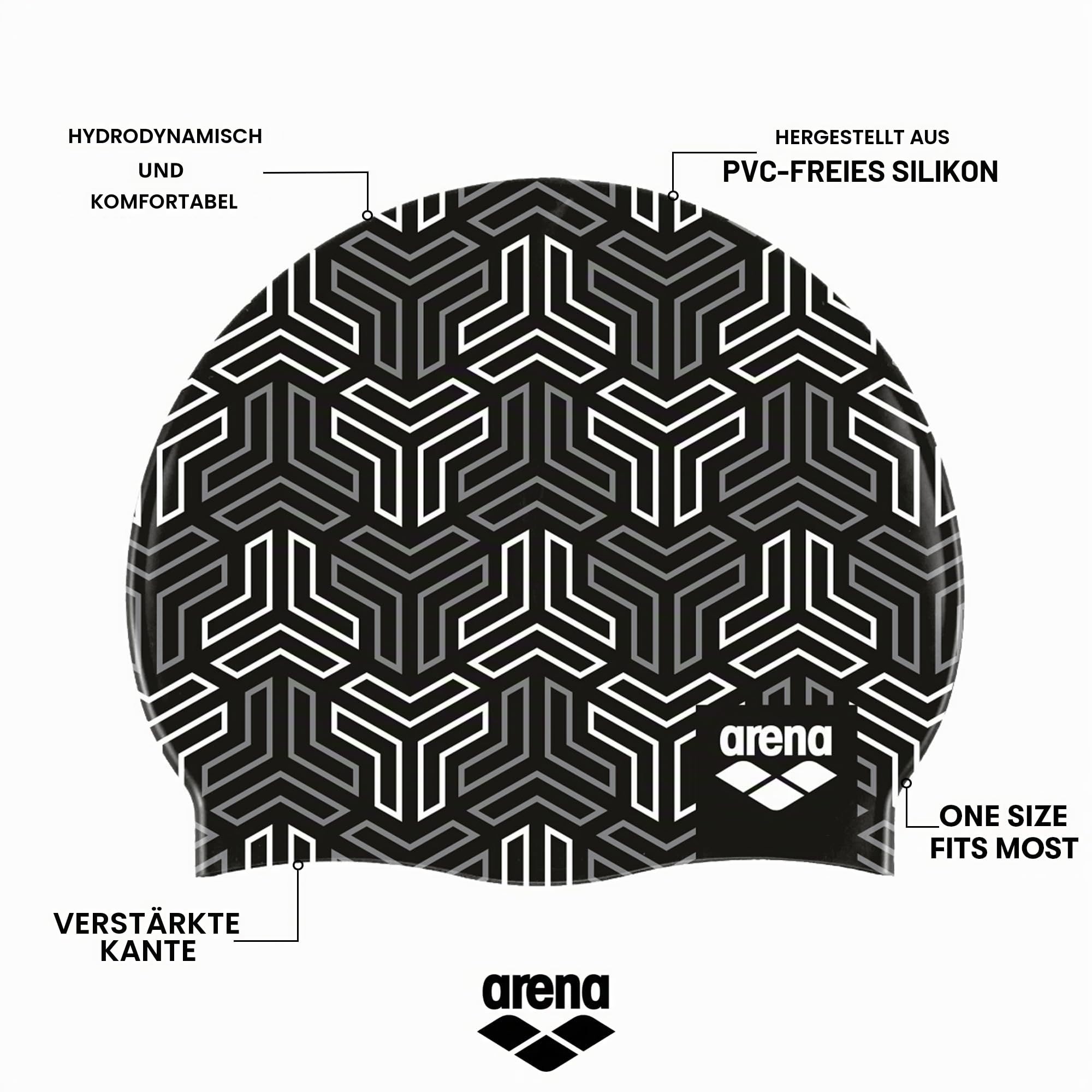 Arena Icons Team-Streifen-Uni-Silikon-Badekappe für Erwachsene, verstärkter Rand, stilvolle Flache Kappe, Fitness, Schwimmen, Einheitsgröße