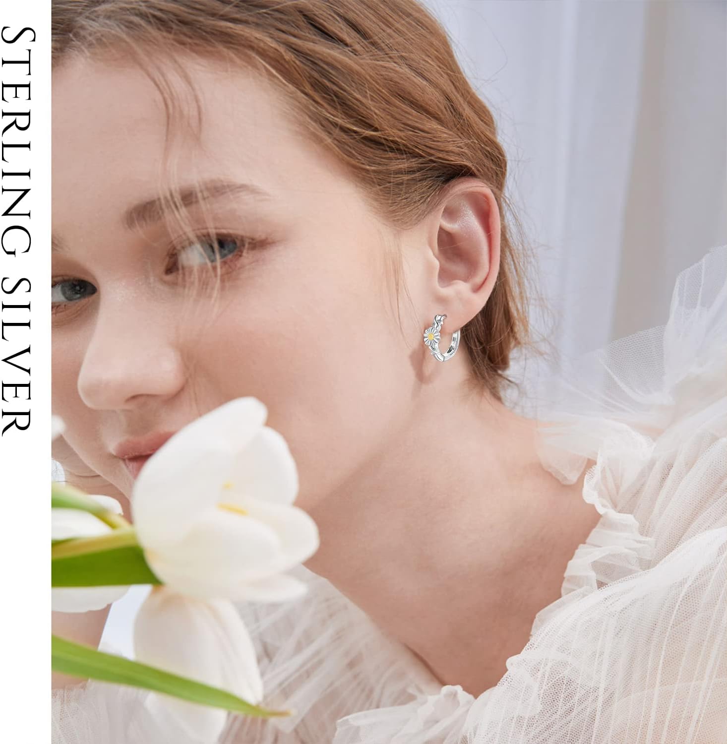 Birth Flower Necklace Sterling Silver 12 Month Flower Earrings Hypoallergenic Hoop Earrings for Women Girls Senstive Ears Flower Jewelry Gifts for Mother Daughter Girlfriend Wife - Image 2