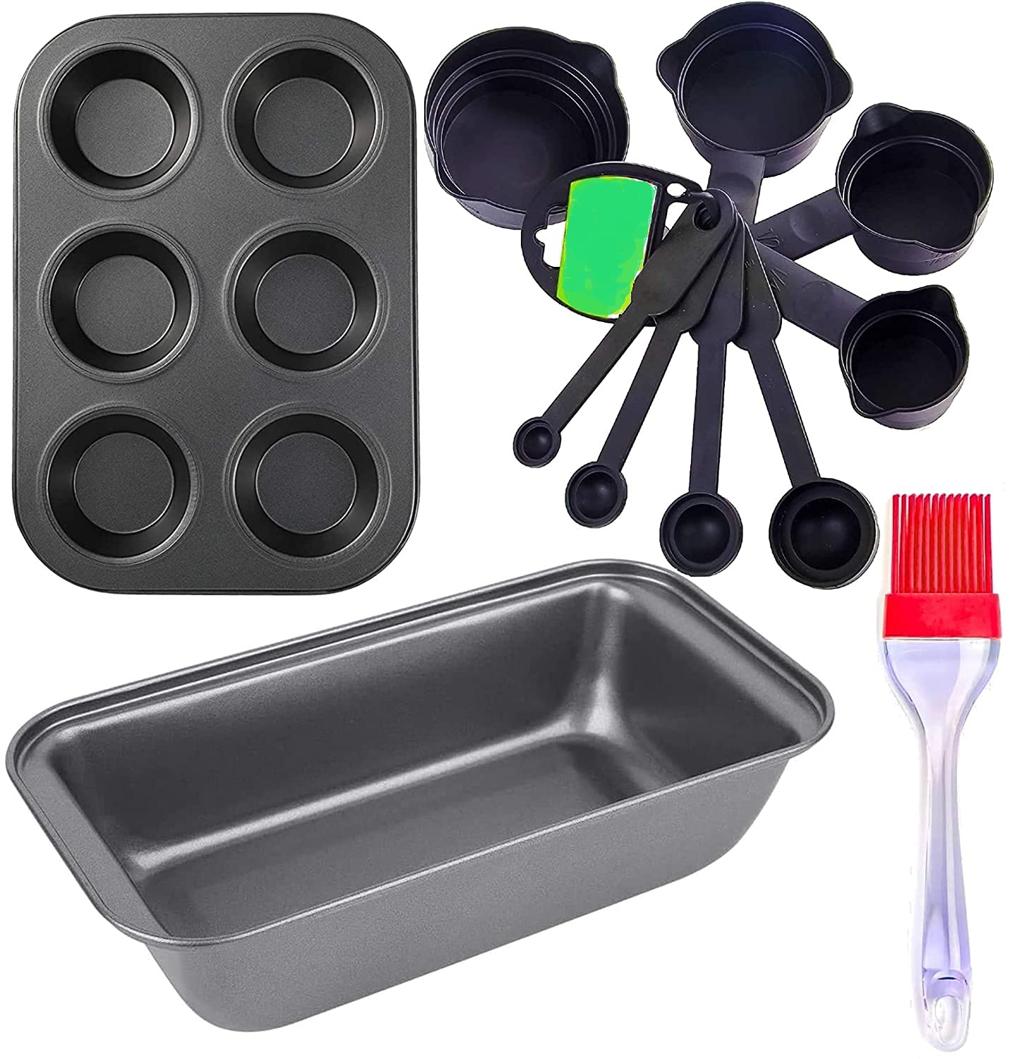 Prisma Collection Popular Combo ? Non Stick Outperform Bread Loaf, 12 Muffin & Cupcake Mould Baking Tray Tin Pan, Food Grade 8Pcs Black Measuring Cups and Spoons Set and Silicone Brush