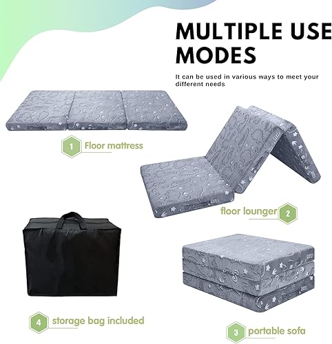 Miniatura 3 de MeMoreCool Colchón plegable de dinosaurio brillante para niños, tapete triple para siesta para niños pequeños, futón portátil para dormir o cama de