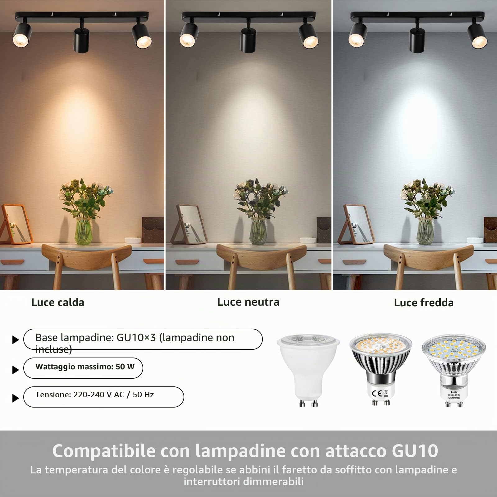 wowatt Faretti da Soffitto Orientabili 3 Luci Gu10 LED Nero Senza Lampadina | Faretti LED Soffitto Interno, Plafoniera da Parete Orientabili, Luci Binario per Soggiorno, Cucina, Corridoio, Salotto, Bagno
