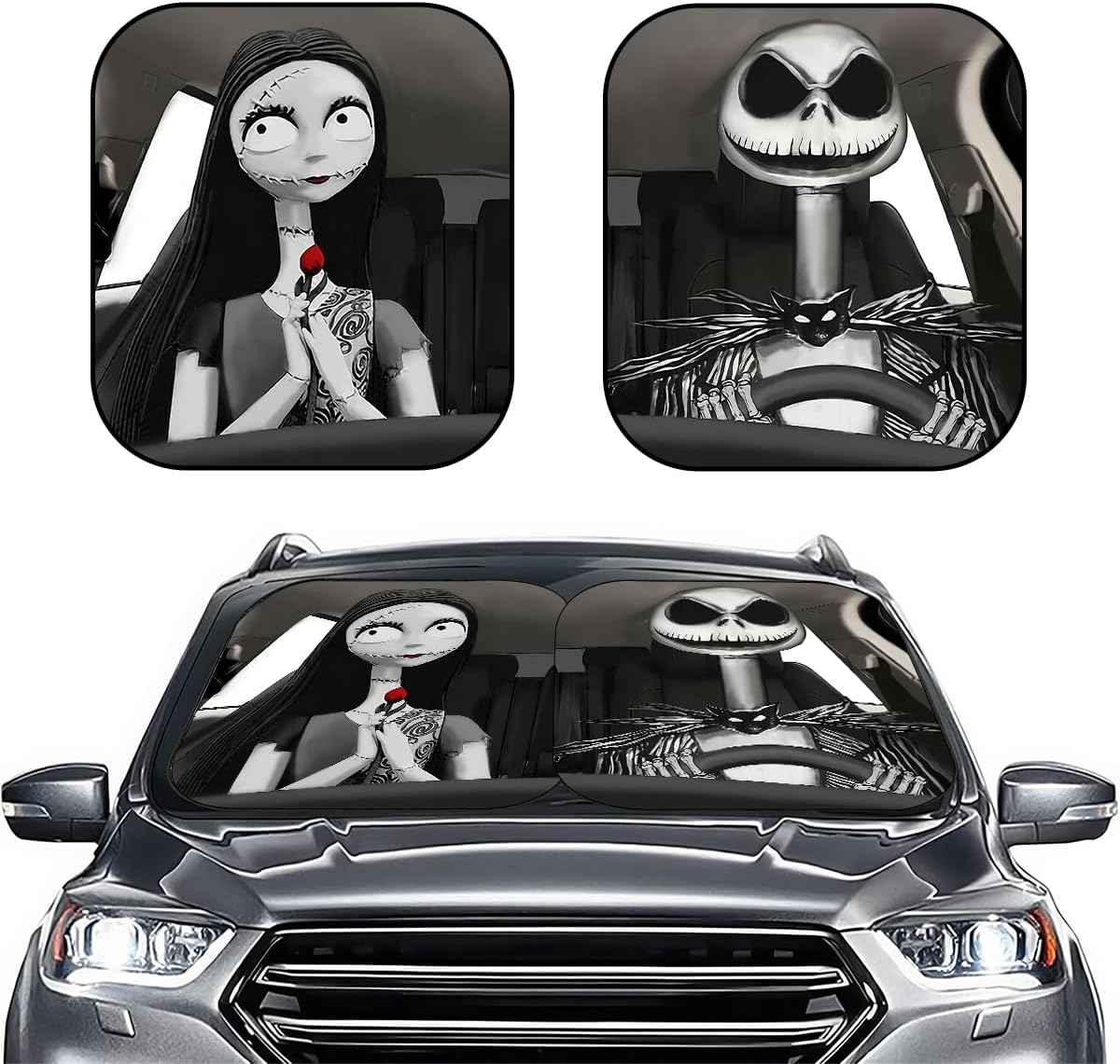 GENANY 2pcs Horror Nightmare Windshield Sun Shade for SUV Truck (28x31 Inches), Sun Shade Windshield, Shades for Front Windows, Protector Blocks UV, Christmas Auto Decor