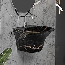 REMOTION Luxury Wall Mount Half Pedestal Wash Basin for Bathroom | Designer Wall Hung Basin | Wall Mounted Washbasin for Resturent, Hotels (16 x 16 x 11 Inch) (Black Gold Jelly)