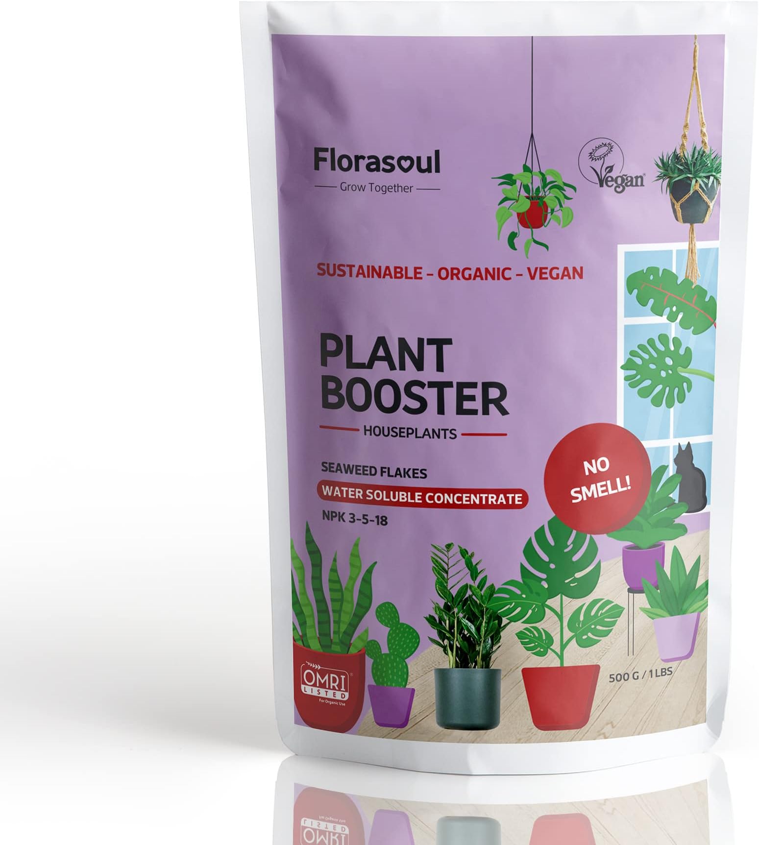 Florasoul® PLANT BOOSTER Indoor Plant Food Water Soluble Flakes Organic Seaweed Fertilizer NO SMELL Best House Plant Feed Eco Friendly, Certified Vegan Organic Plant Fertilizer 500g/350l