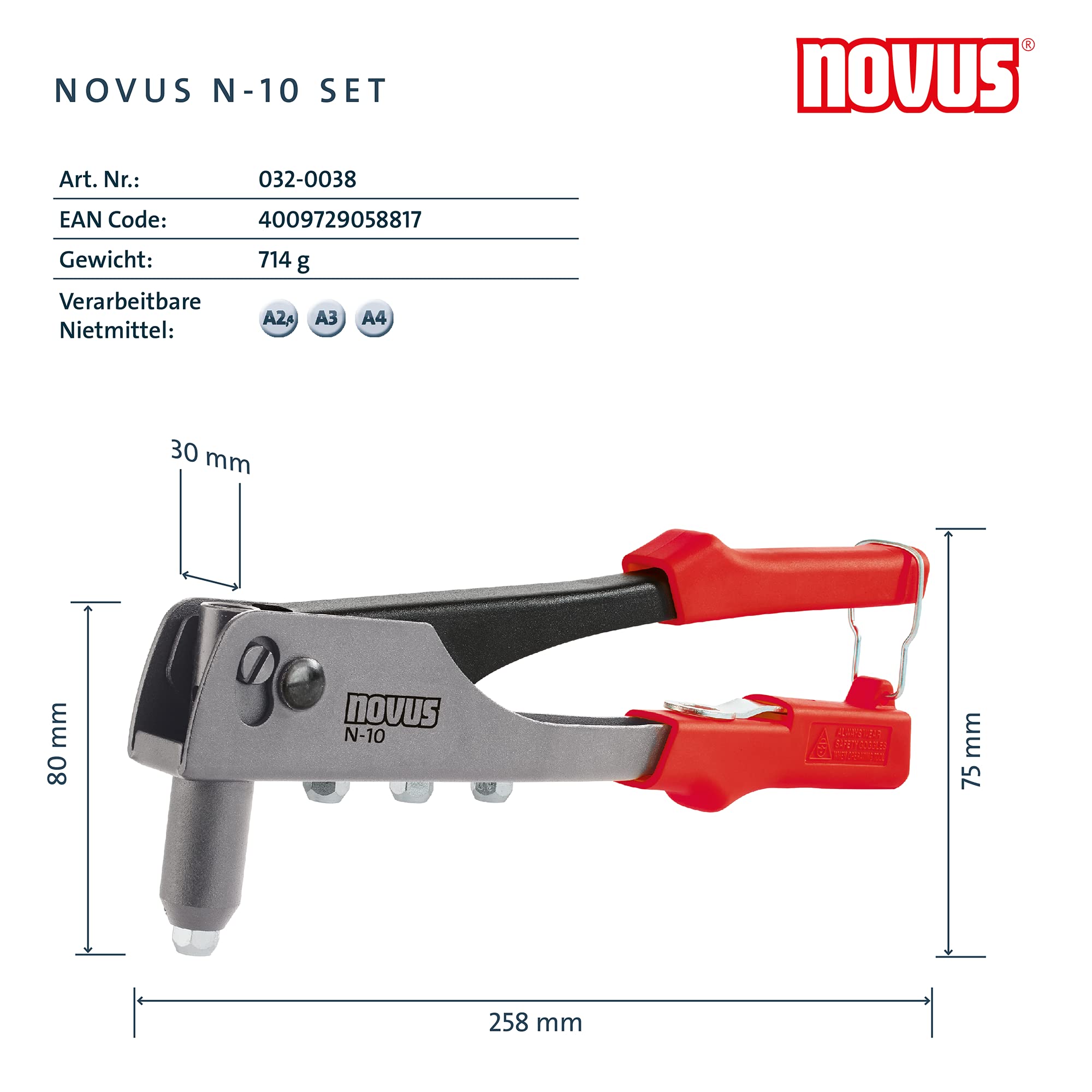 Novus Zestaw szczypiec nitowniczych N-10 - w zestawie 15 aluminiowych nitów zrywalnych A2.5, A3, A4 i A5, szczypce do nitowania z 1-ręczną obsługą