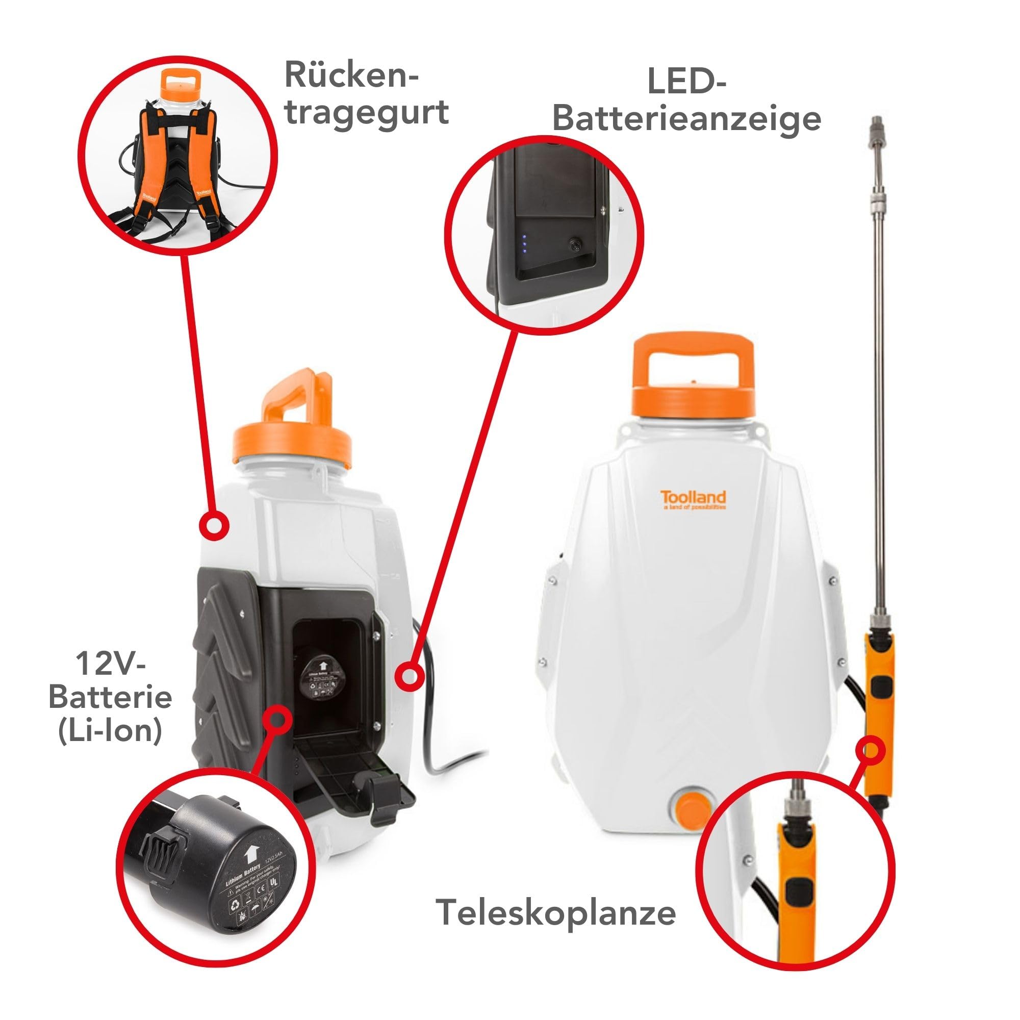 Toolland Elektrischer Rückensprüher 12L, wiederaufladbare Gartenspritze mit Lithium Akku, Teleskoplanze, verstellbare Düse, automatische Pumpe, Pflanzensprüher, Unkrautsprüher