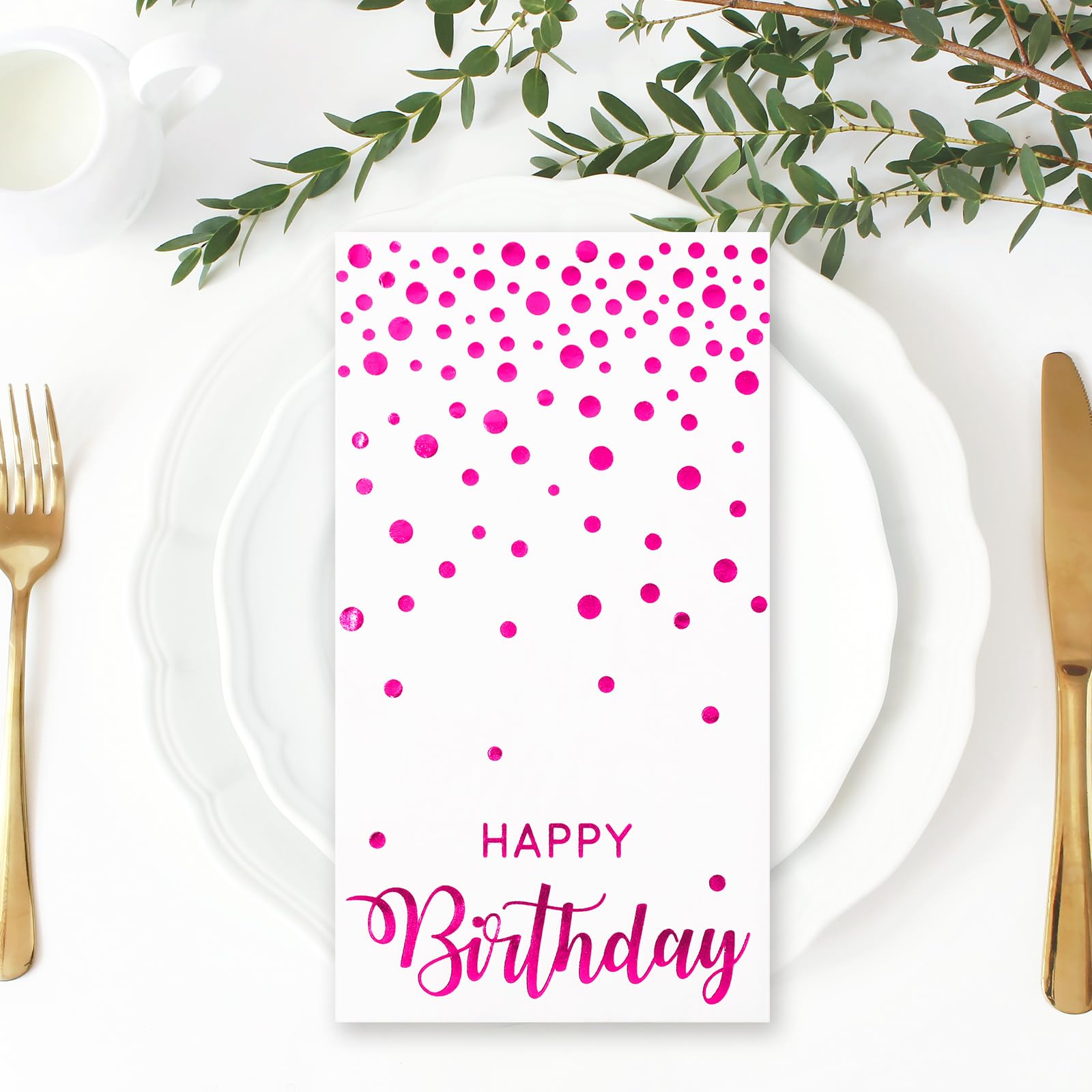 JarThenaAMCS 50 servilletas de papel desechables para invitados de feliz cumpleaños, con lunares de papel de aluminio rosa intenso, servilletas de mano, para decoración de mesa de fiesta de cumpleaños