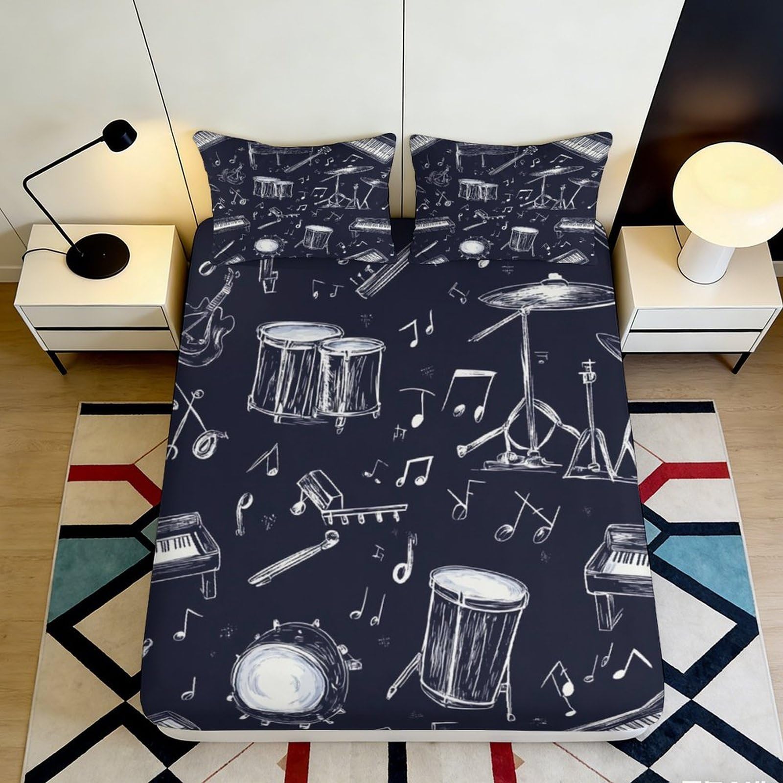 3D Printed Musical Instruments Fitted Sheet Microfiber Soft Breathable Notes Bed Cover for Bedroom Guest Room Decor 90x200x25cm