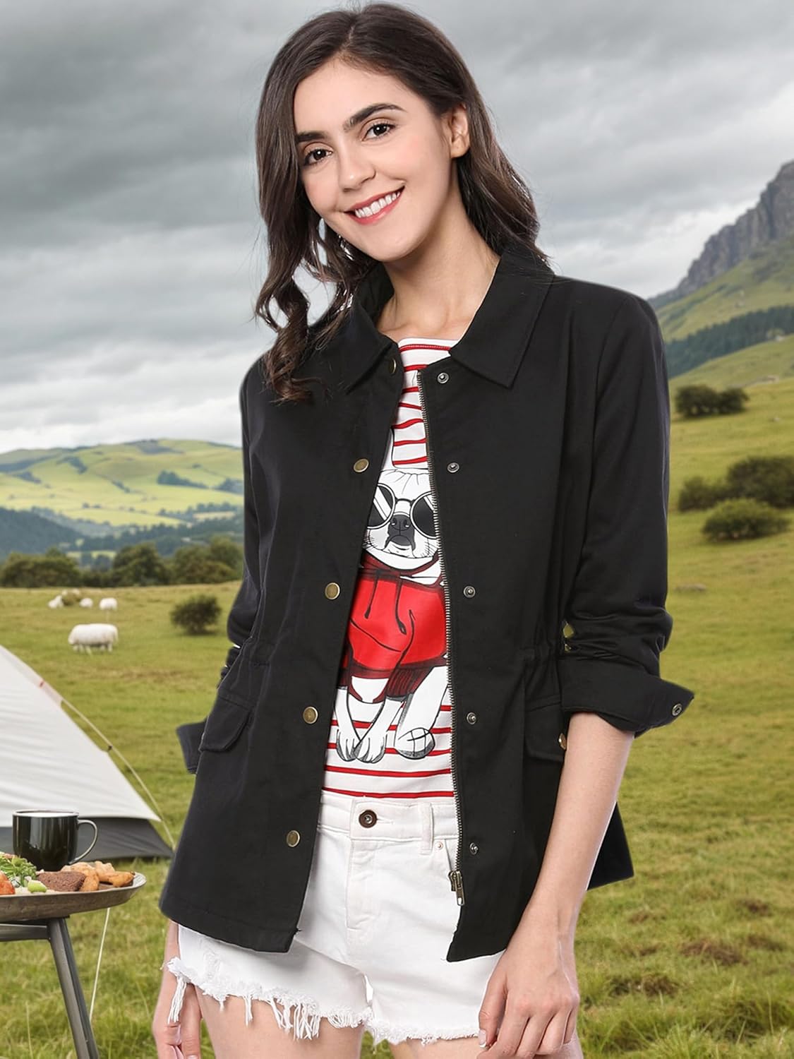 Allegra K Women's Utility Jacket Zip Up Drawstring Waist Snap Buttons Lightweight Anorak Jackets with Pockets - Image 2