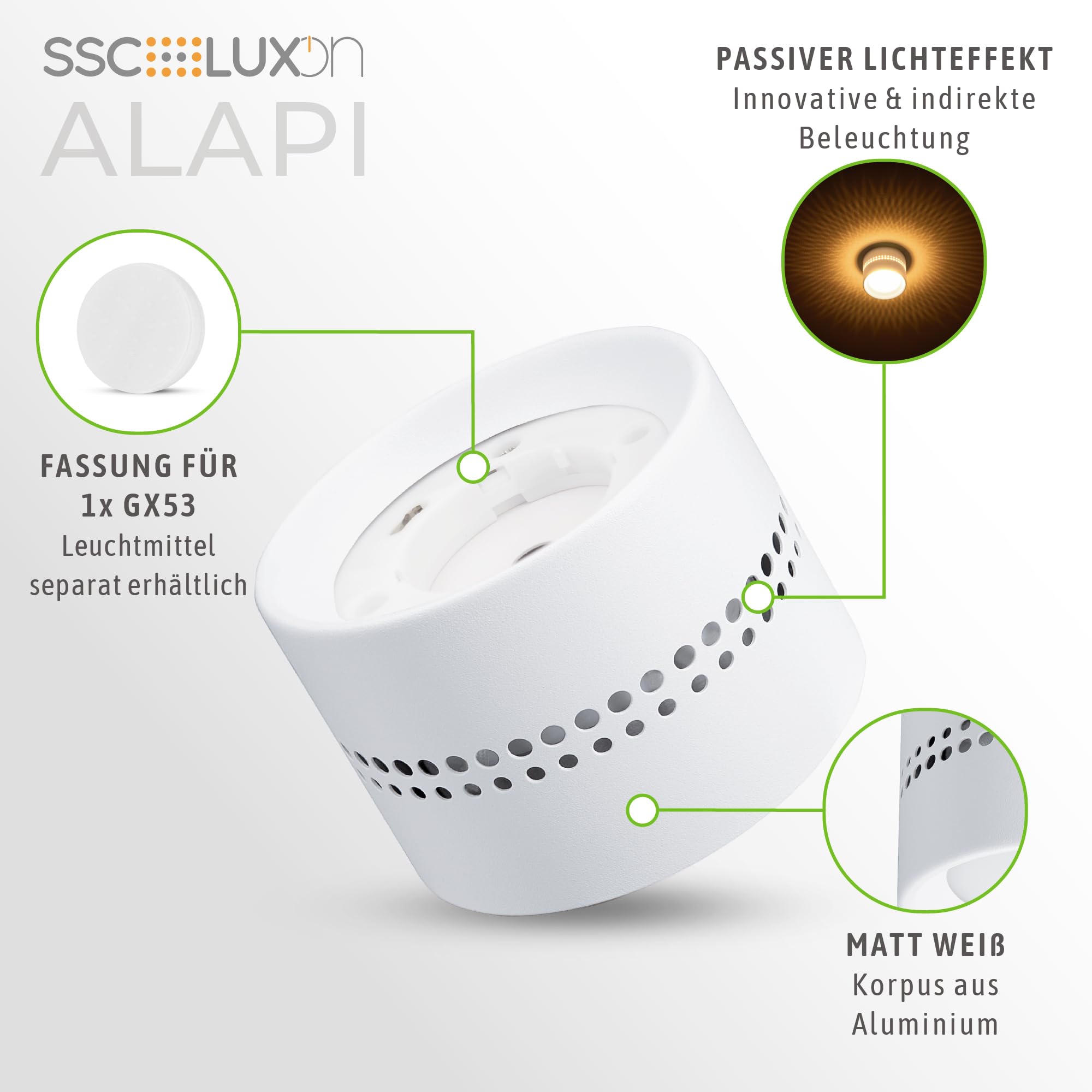 SSC-LUXon ALAPI Deckenspot weiß rund 4 Stück für GX53 Leuchtmittel 230V- Aufputz Leuchte LED mit indirekter Beleuchtung Decke