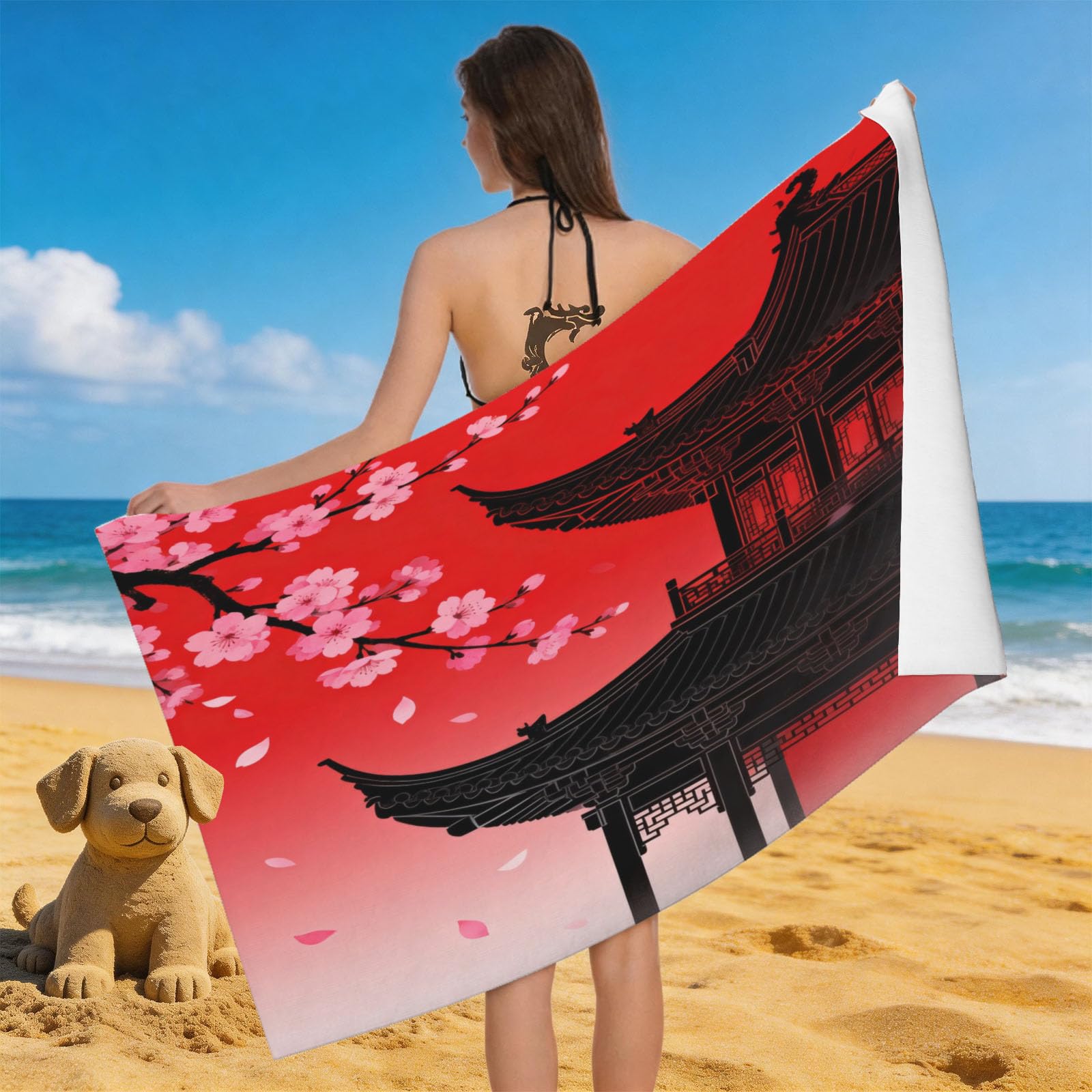 Leichong Men's Red 3D Vintage Building Beach Towel Microfiber Soft Quick Dry For Adults, Chinese Style Architecture Bath Towel Lightweight Soft Absorbent For Travel Swimming Pool Sports, 75 X 150 Cm