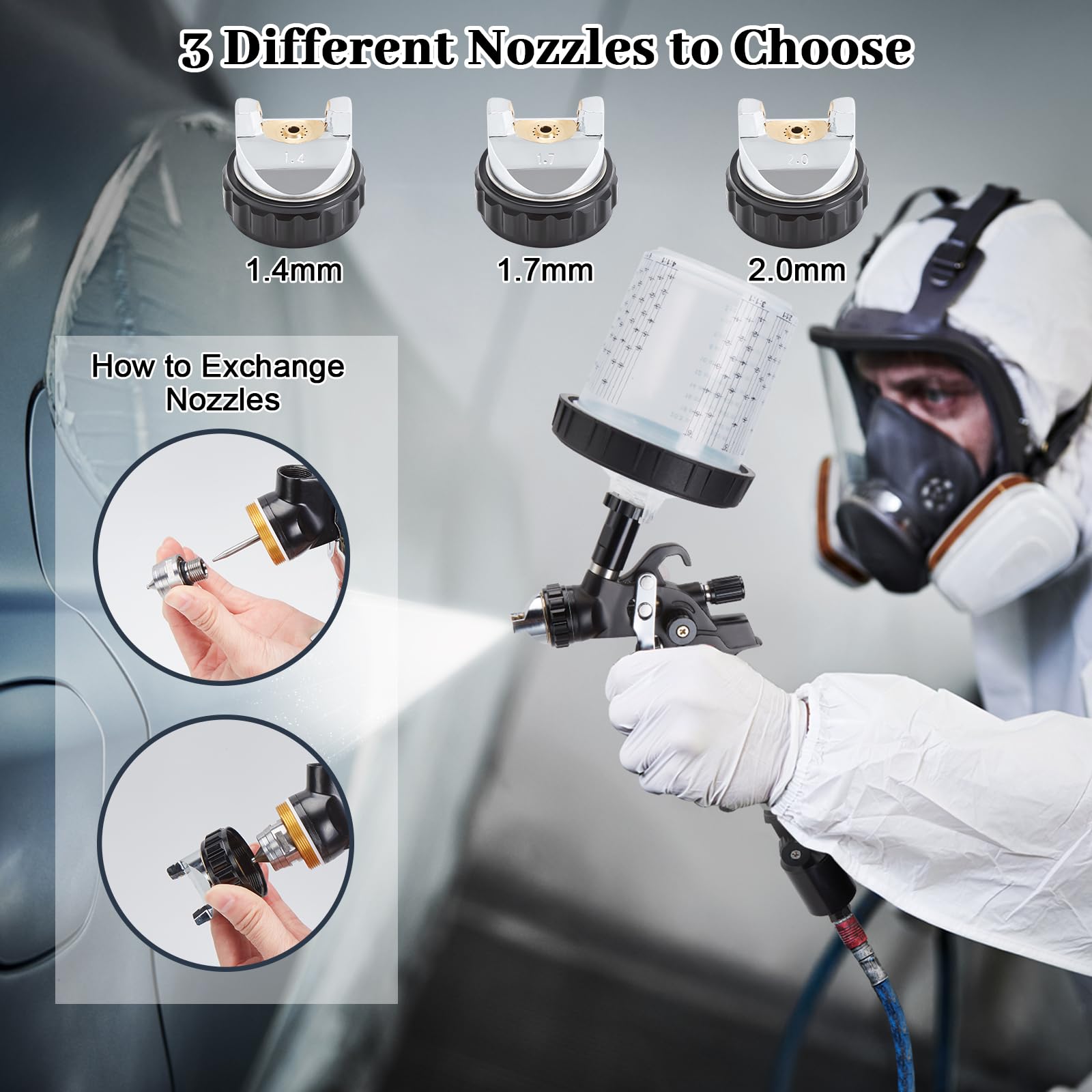 BlumWay HVLP Pistola de pulverización de aire con boquillas de 1,4/1,7/2 mm y regulador de compresor de aire, pistola pulverizadora de aire con 10 vasos mezcladores de 600 cc y tapa, pulverizador de
