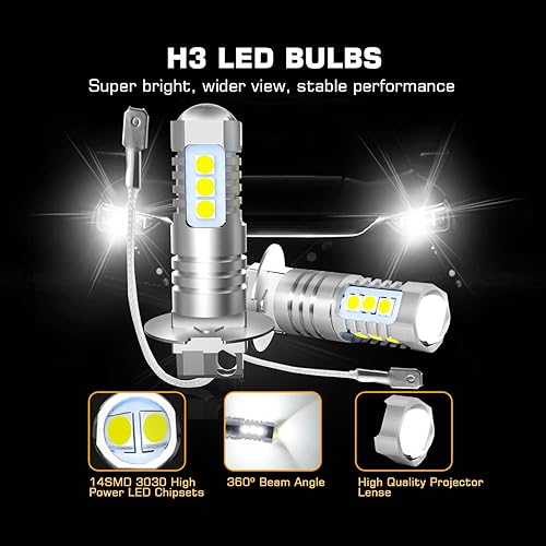 Miniatura 4 de Bombillas LED antiniebla H3 de 6000 K, xenón blanco, extremadamente brillantes, 3030 chips H3, bombillas LED con proyector para luces antiniebla de