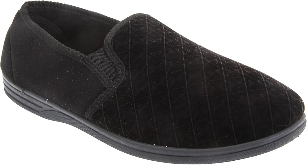 Zedzzz Men's Ivor Twin Gusset Slippers - Grain PU Upper, Textile Lined (Size 8 US, Black)