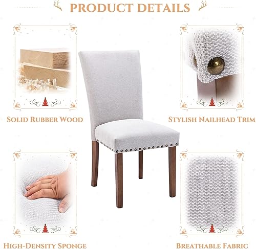 Miniatura 5 de Parsons - Juego de 4 sillas de comedor de tela tapizada, silla lateral de cocina con ribete de clavos y patas de madera, color gris claro