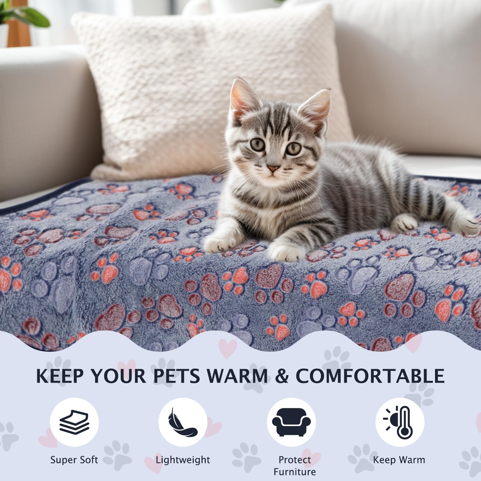 Lot De 5 Couvertures Polaires Pour Chien/chat - Taille 76x52cm (moyen) - Lavable, Douce, Imprimé Patte - Gris
