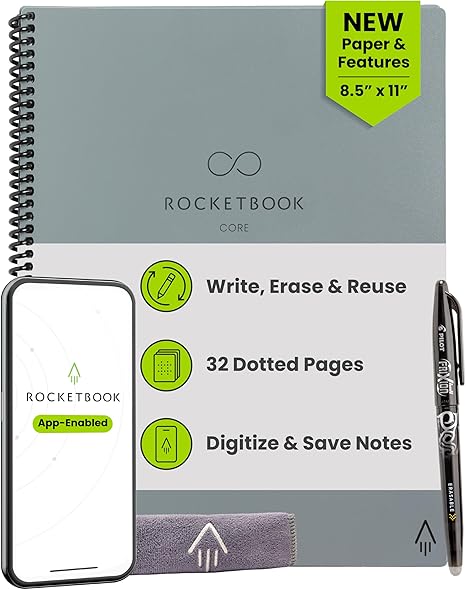 Rocketbook Core Reusable Smart Notebook, Dot Grid Pages For School, Work and Creative Projects, Letter Size 8.5x11, Grey - Premium