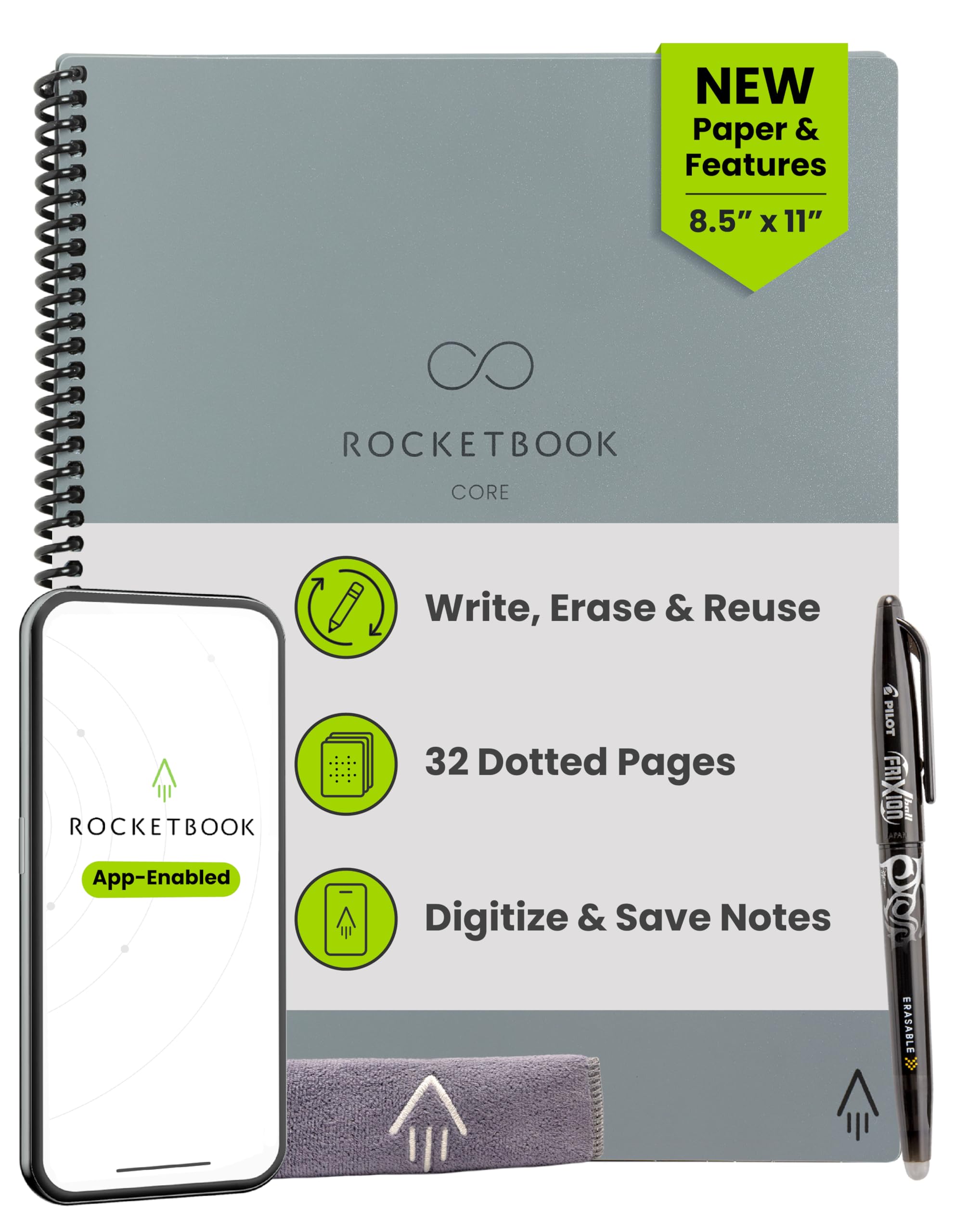 Rocketbook Core Reusable Smart Notebook, Dot Grid Pages For School, Work and Creative Projects, Letter Size 8.5x11, Grey - Premium