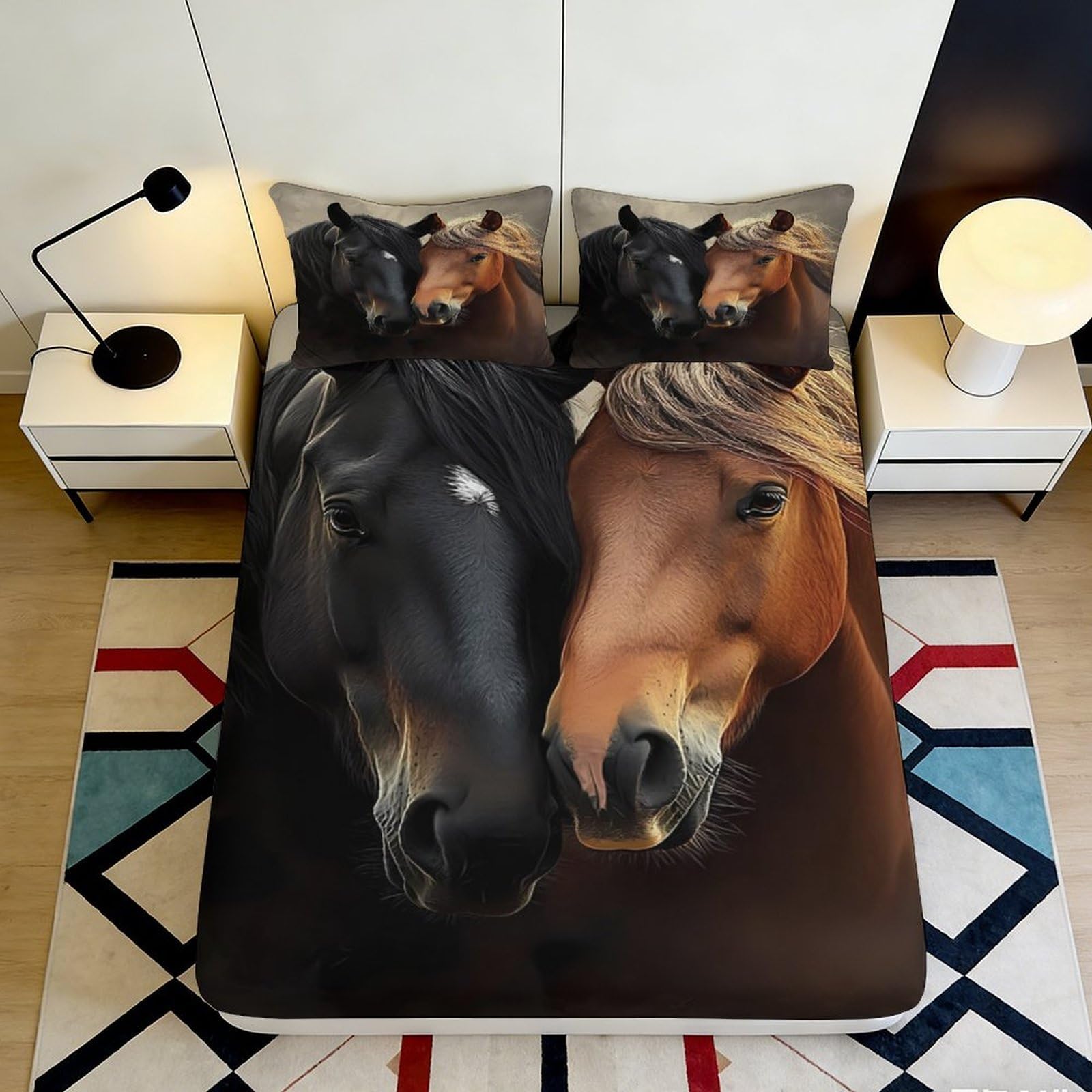 3D Printed Black Horse Fitted Sheet Microfiber Brown Horse Mattress Cover Bedroom Dorm Protector Decor 120x200cm 160x200x25cm