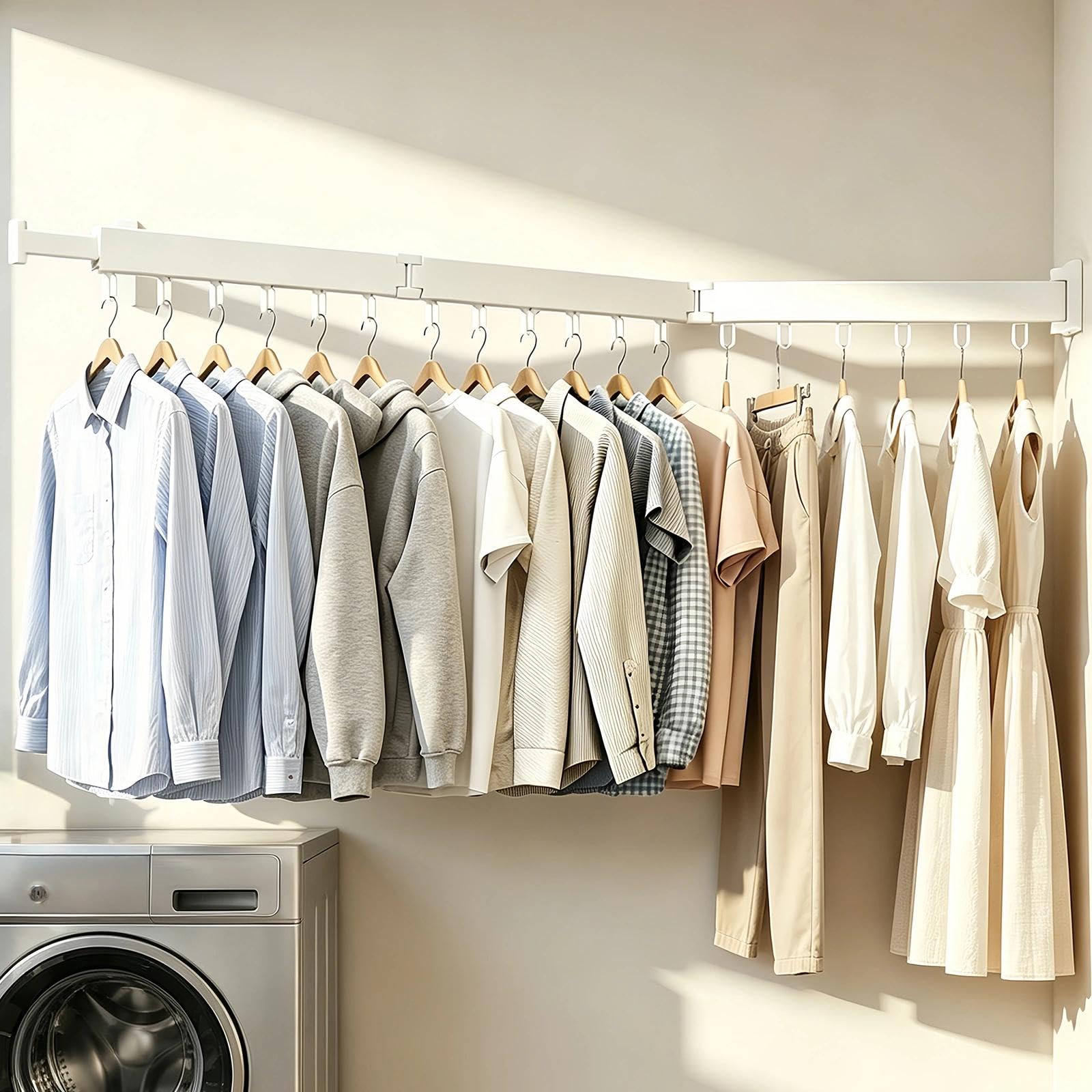 Weiß Wand-Wäschetrockner 120 cm mit 18 Haken | Klappbar & Ausziehbar, 2-in-1 Montage (Bohren oder Kleben), Wäscheständer für Balkon, Bad, Waschküche