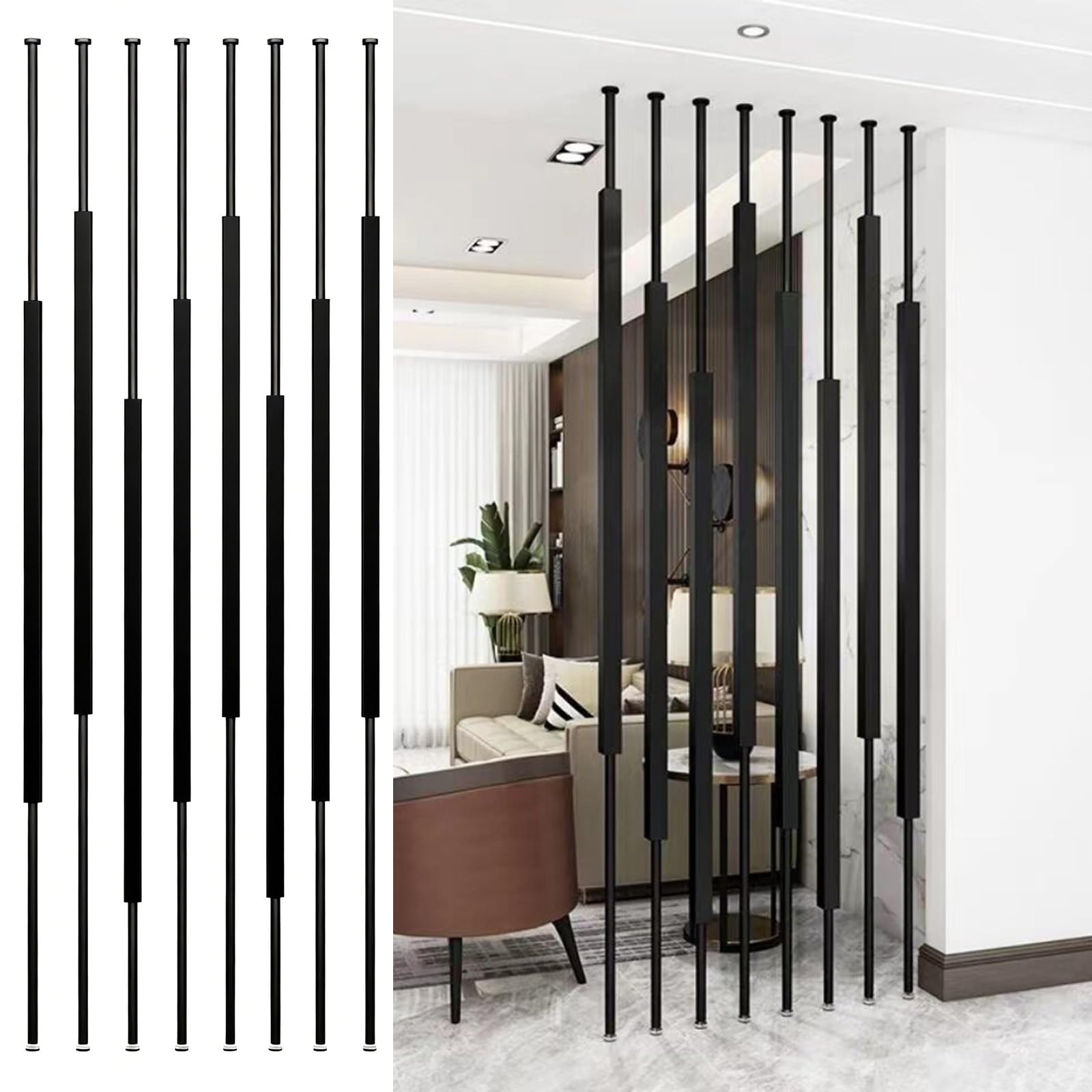 HAIXHX 8pack Vertical Metal Room Divider, Floor Standing Slats Screen Partition Post for Entryway Living Rooms Office, No Drill Deviders Column(Black,70cm/2.30ft)