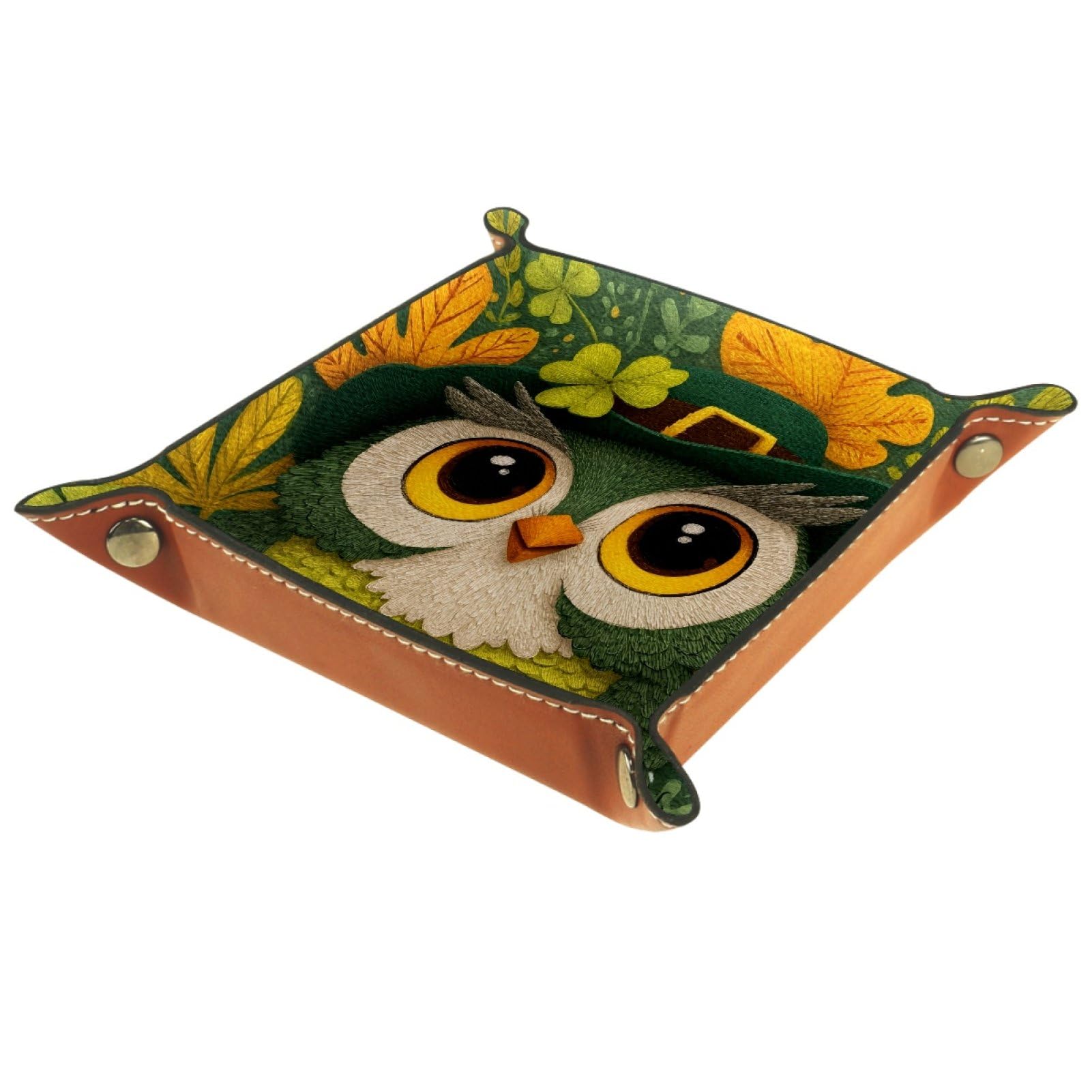 VAPOKF St. Patrick's Day Owl Dice Trays Quadrilateral Dice Folding Tray Microfiber Leather Holder for Table Games RPG DND, 20.5 × 20.5 cm