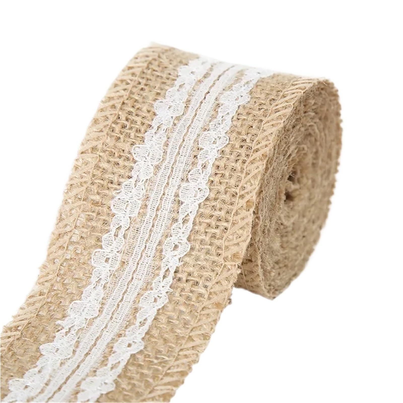 Hessian Roll 2M 5CM Natural Jute Burlap Rolls Hessian Ribbon with Lace Vintage Rustic Wedding Decor Ornament Party DIY Craft Supplies(Type9)