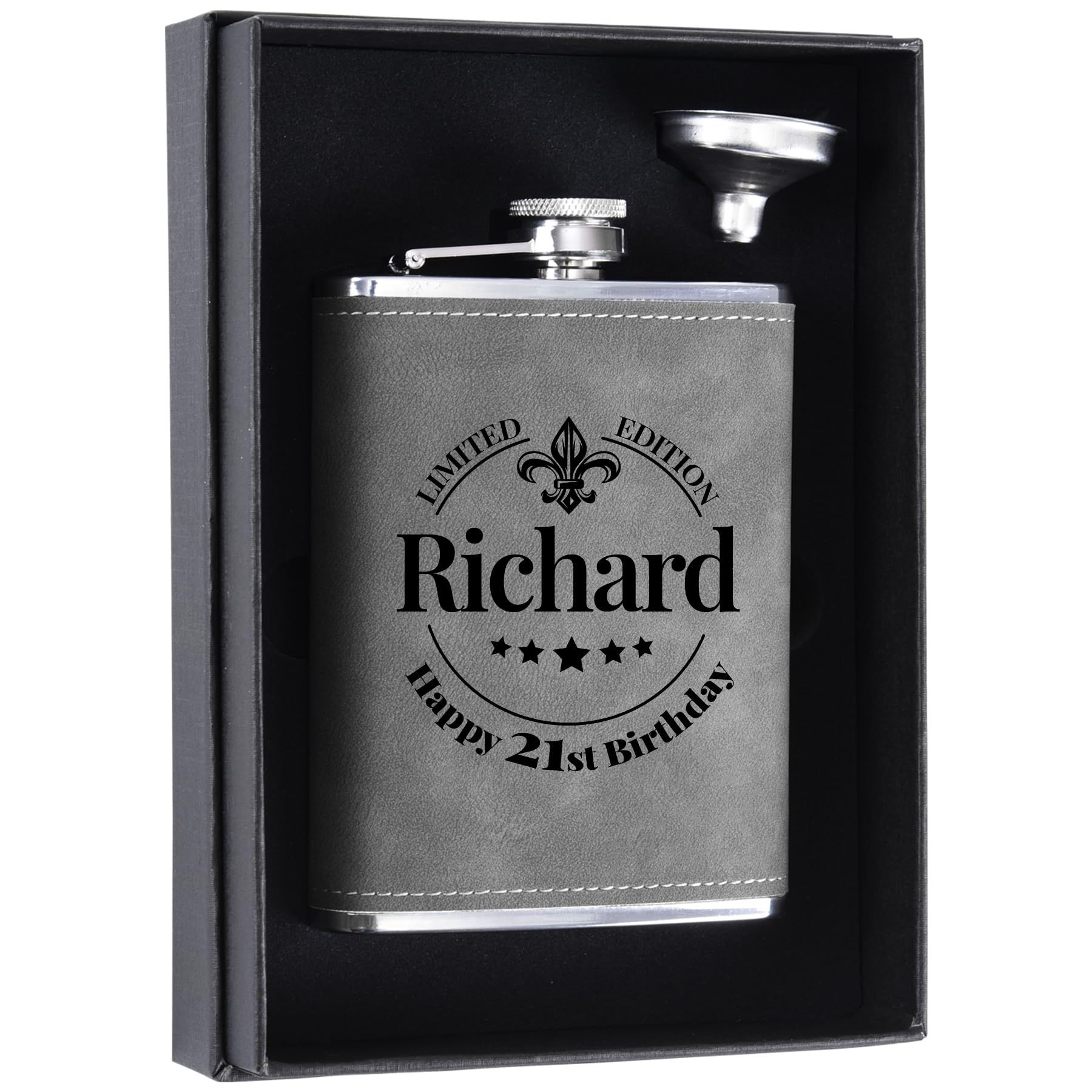 Custom Happy 21st Birthday Gift for Him, 8 oz Personalized Flasks for Men, Stainless Steel Engraved Flask for 18th Birthday Gifts for Men, Grey