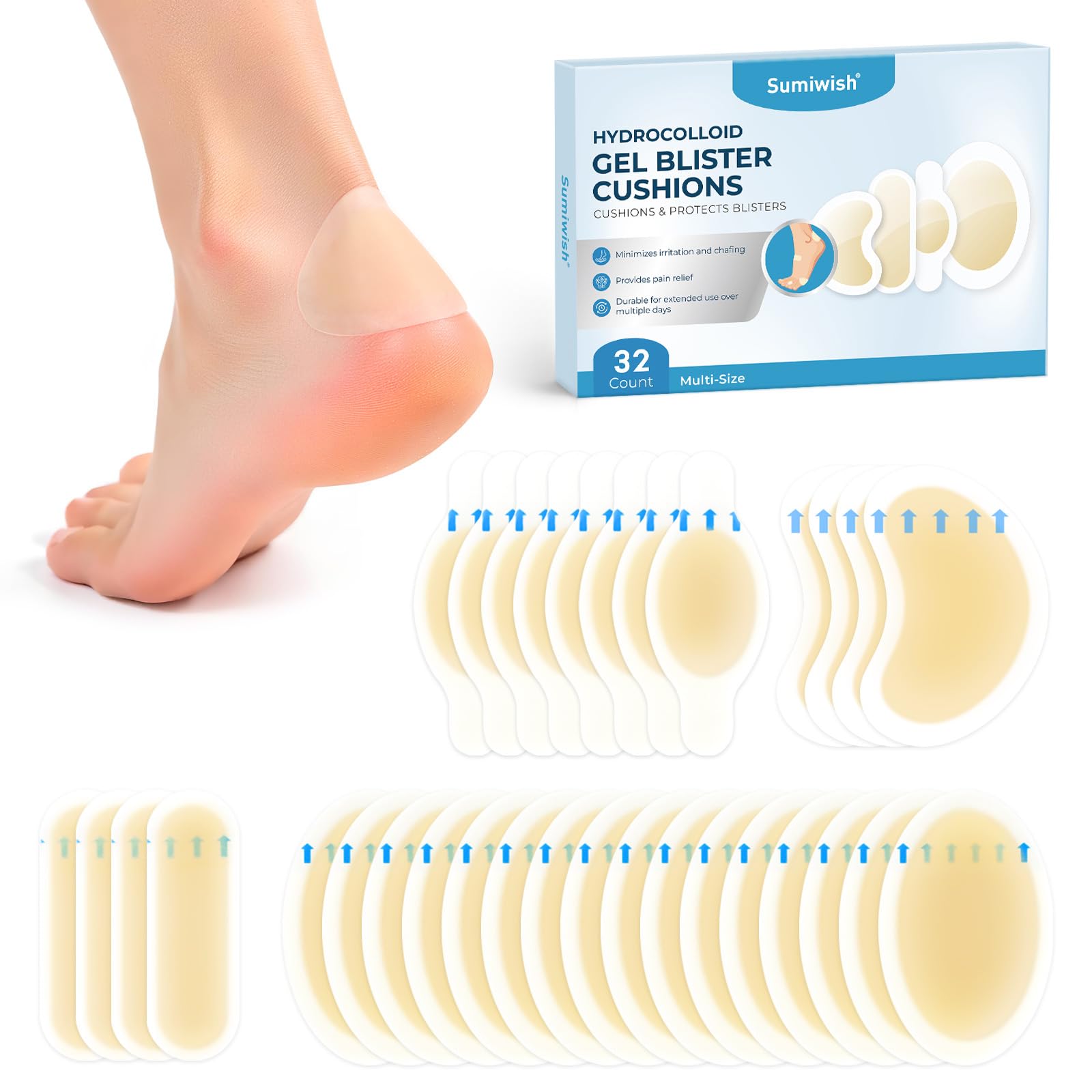 Hydrocolloid Blister Bandages for Feet - Water Resistant Bandages - Ideal for Blister Prevention & Recovery