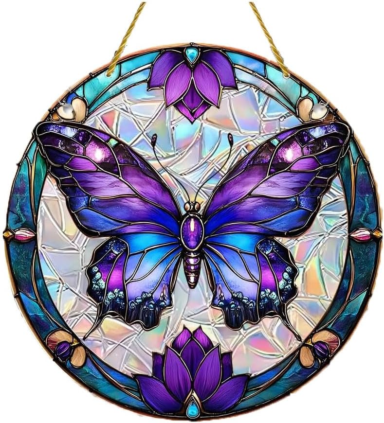 Stained Acrylic Window Hanging Suncatcher, Purple Butterfly Round Acrylic Panel Ornament Home Decor, Colorful Gift for Women Men 7.8 in