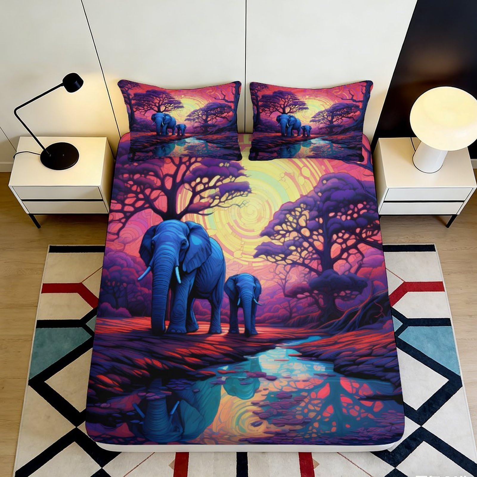 Uynsixtme Style-1 3D Printed Jungle Elephant Fitted Sheet Microfiber Deep Pocket Non-Slip Bedding Full Wrap Jungle Elephant Mattress Fitted Cover Washable 90X200x25cm