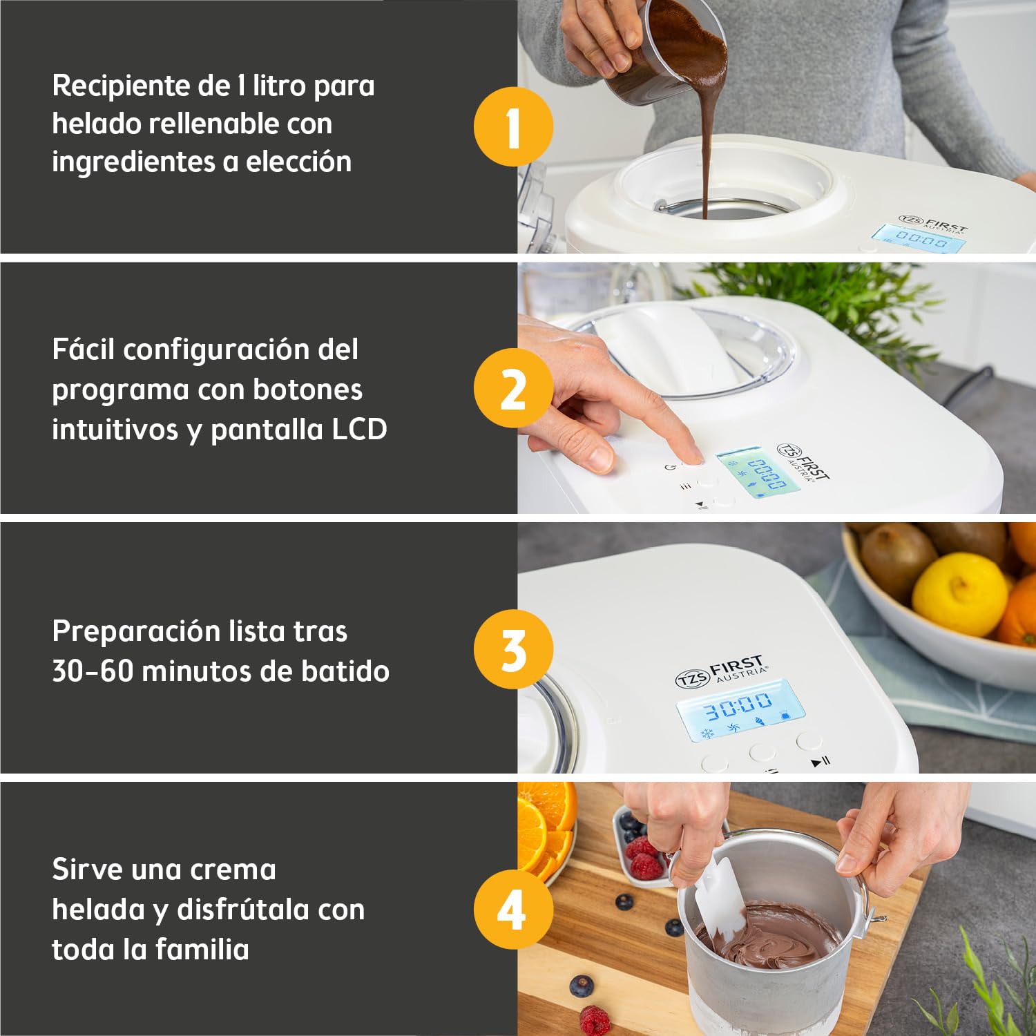 TZS First Austria Maquina Heladera y yogur | 1 L | Yogur helado, sorbete y helado | Incluye vaso medidor y espátula | blanco
