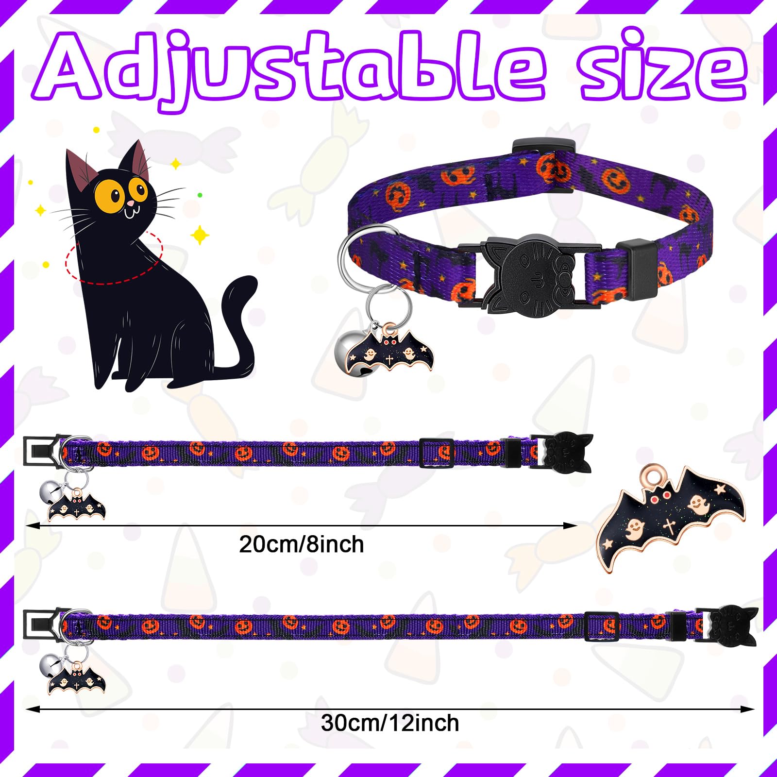 15 collares de gato para Halloween, collares de gato para otoño, Acción de Gracias, collares de gato con campana, collares ajustables para gatos de Navidad con hebilla de plástico, collar de gatito