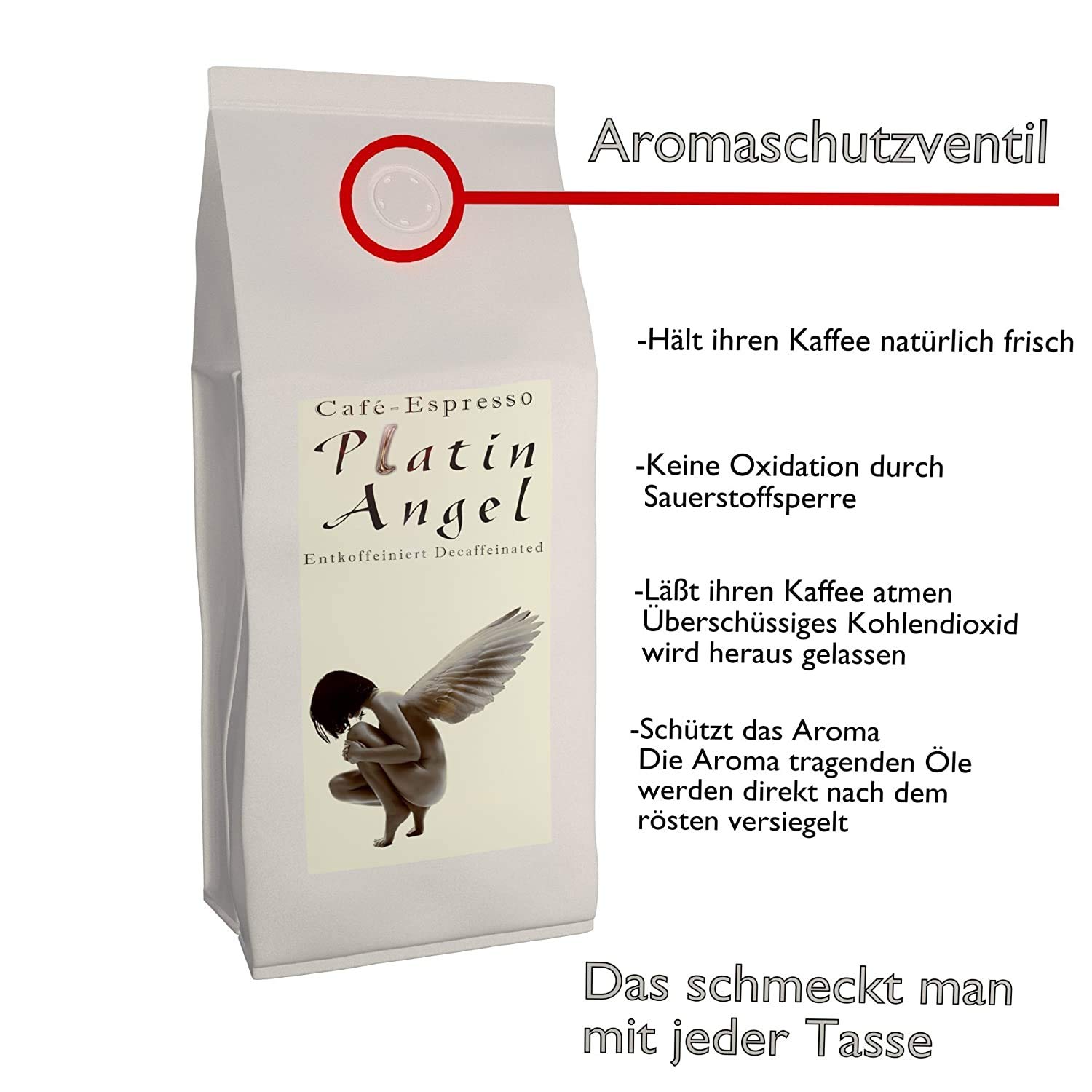 C&T Platin Angel Espresso Decaf 3 x 1000 g ganze Kaffeebohnen - der Entkoffeinierte - koffeinfreier Spitzenkaffee aus unserer beliebten Espresso Angel Serie