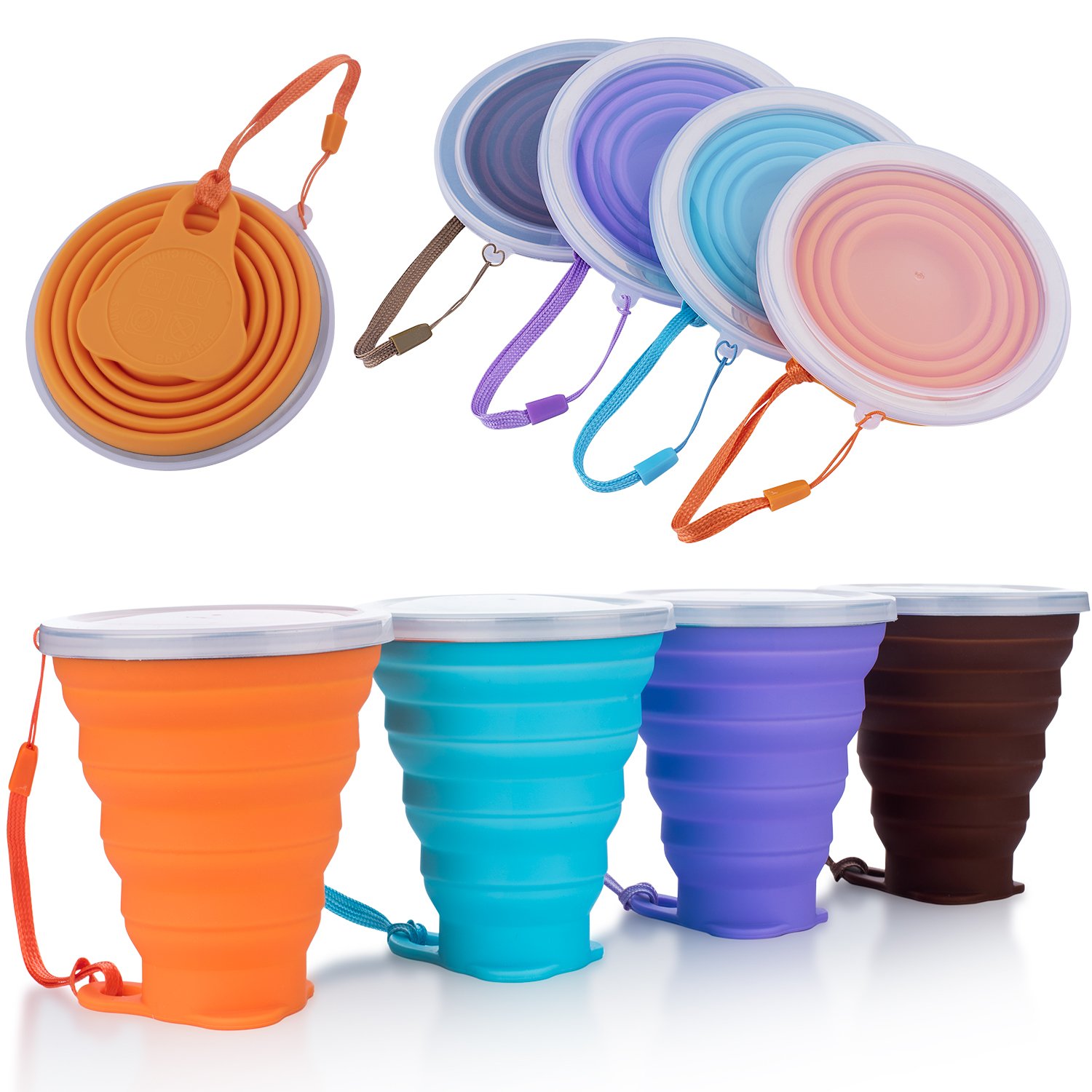 ME.FAN Silicone Collapsible Travel Cup - Silicone Folding Camping Cup with Lids - Expandable Drinking Cup Set - Portable, Graduated [9.22oz]