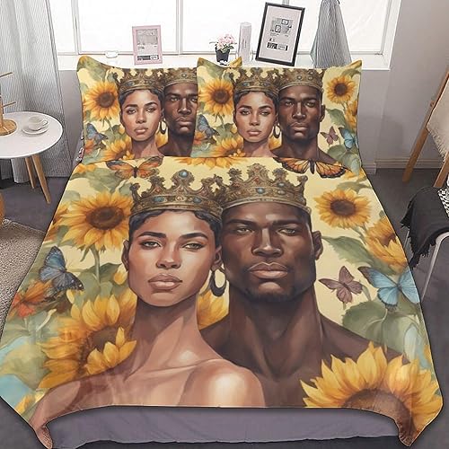 Juego de edredón negro afro King Queen Romantic Love para todas las estaciones, juegos de edredón de cama tamaño Queen, 1 funda de edredón y 2