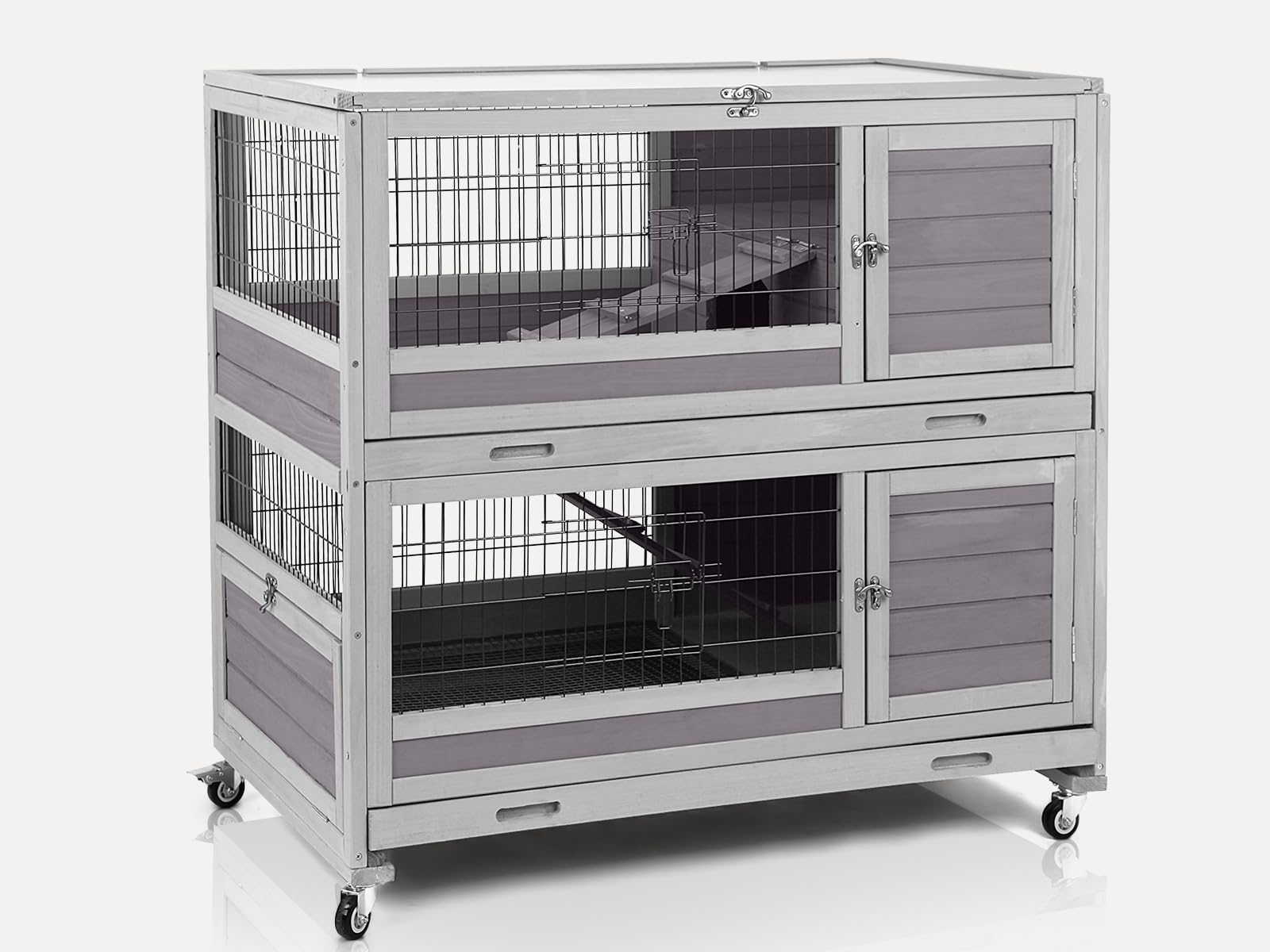 MEDEHOO Two-Story Guinea Pig Cage with Wheels Rabbit Hutch Indoor Outdoor with 6 Access Doors, 2 Pull-Out Trays, Removable Wire Mesh and UV Proof