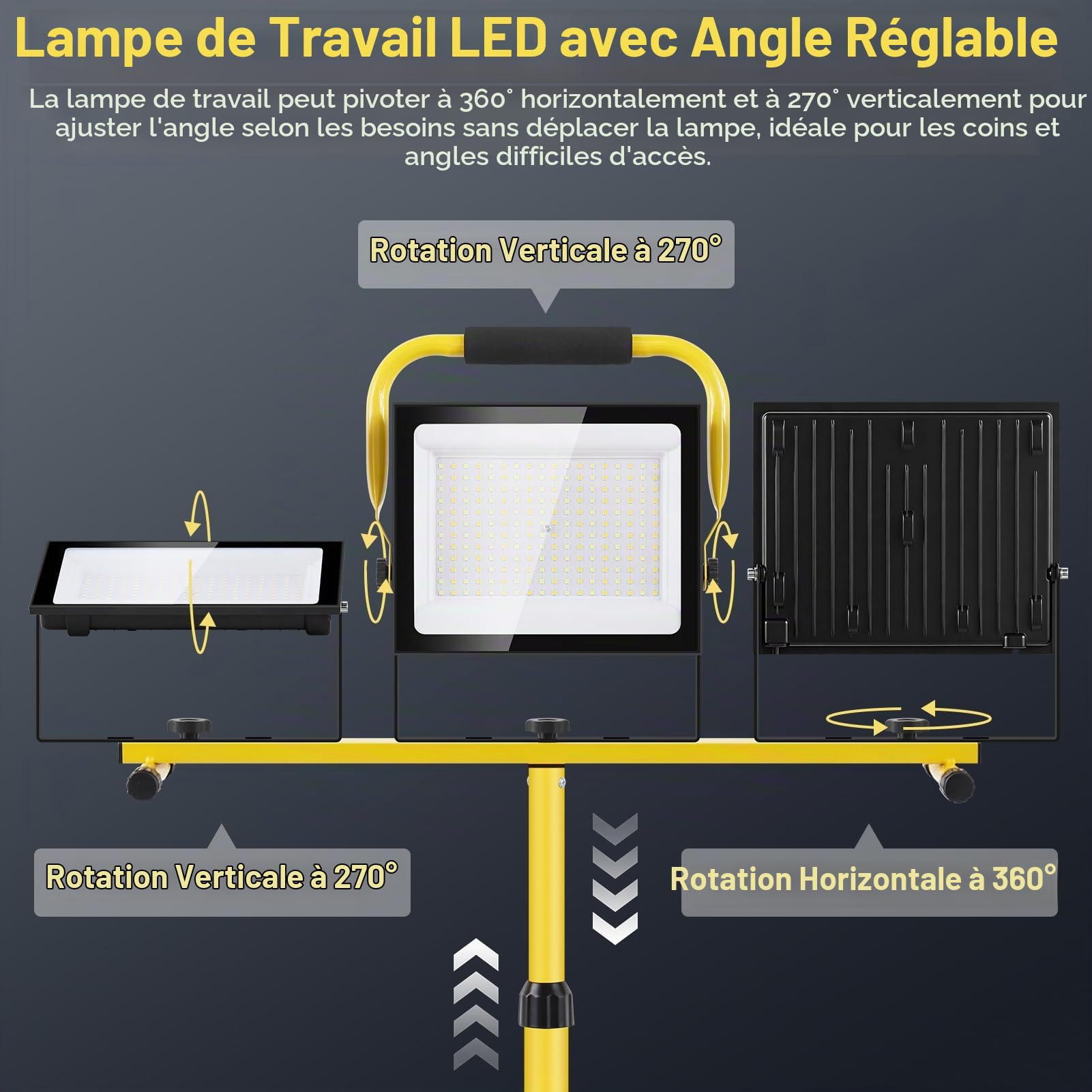 300W Projecteur LED Chantier avec Trépied, 3x100W 30000LM Projecteur de Chantier 6500K 4500K 3000K, Hauteur Réglable de 85-180cm, Étanche IP66 Lampe de Chantier pour Chantier Garage Atelier