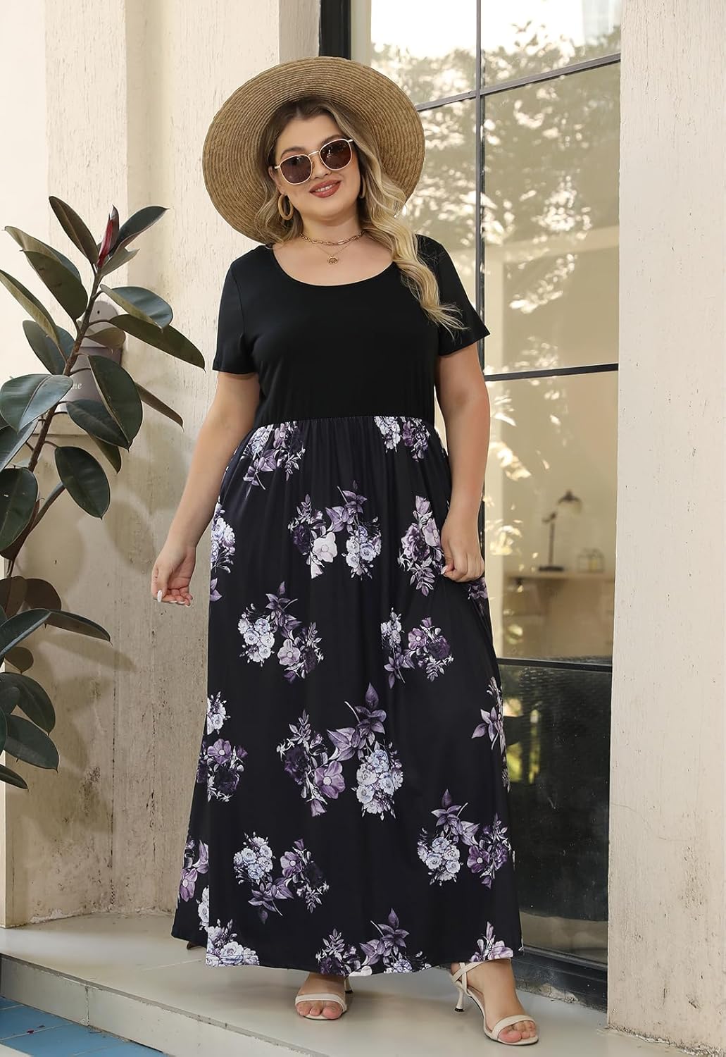Nemidor Plus Size Maxi Dresses for Curvy Women Casual Short Sleeve Chevron Print Long Dress with Pocket 14-26 - Image 4