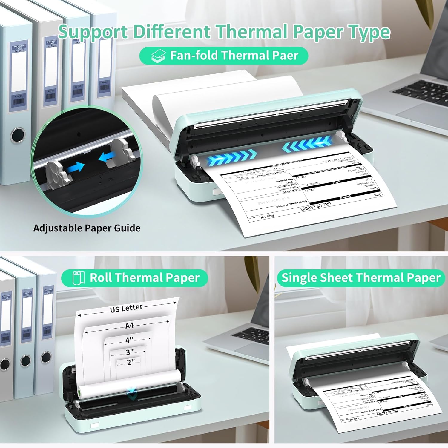 Gloryang Inkless Portable Printer for Travel, Wireless Thermal Printer Supports 8.5 x 11 Inch Thermal Paper, Bluetooth Machine Includes Carry Case and 3 Rolls of Paper Kit, Green