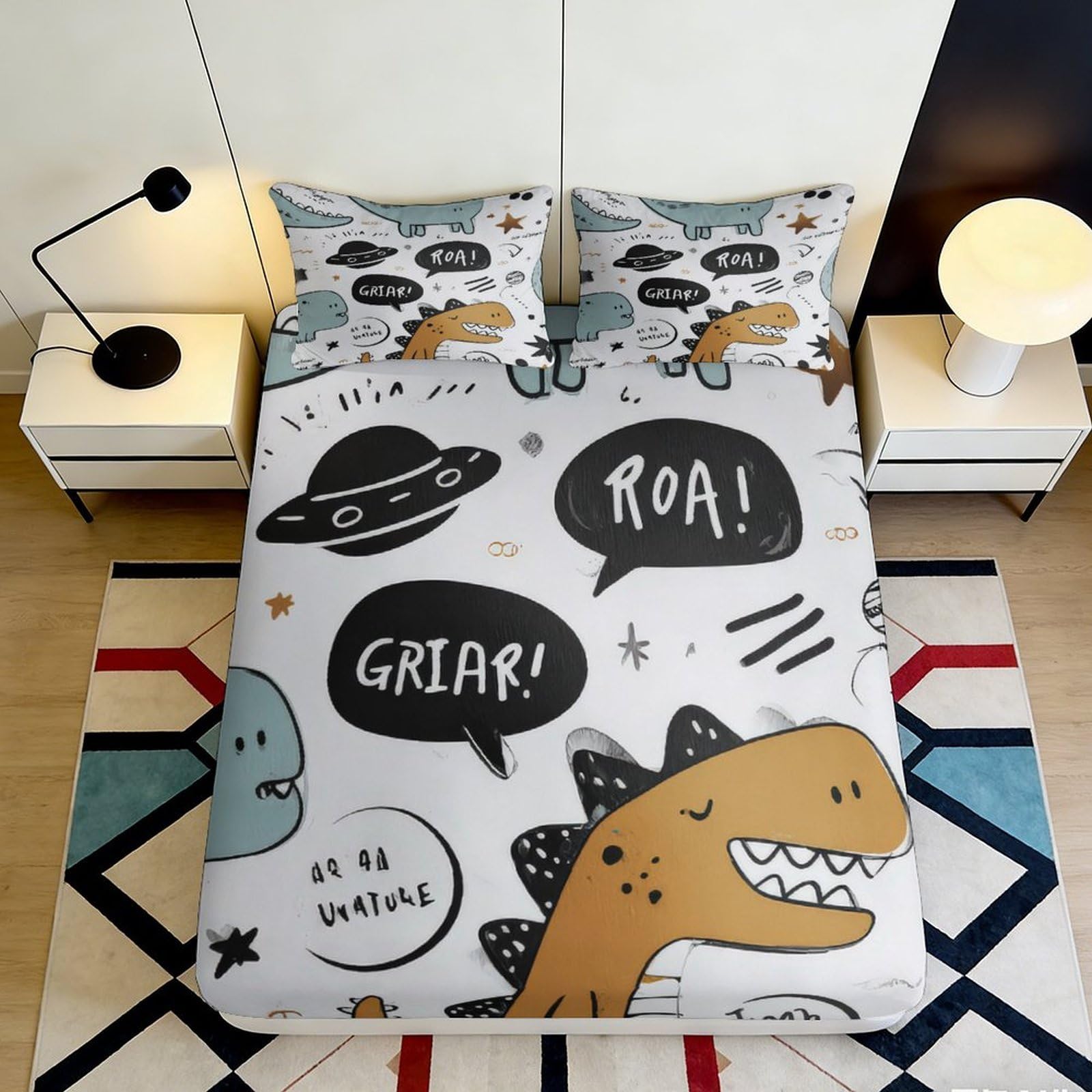 3D Printed Cartoon Dinosaur Fitted Sheet Microfiber Soft Breathable UFO Bed Cover for Bedroom Guest Room Decor 120x200x25cm