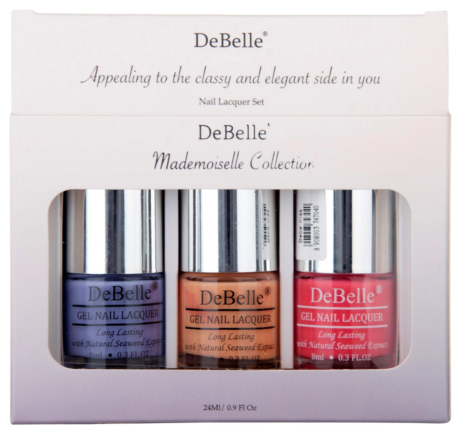 DeBelle Mademoiselle Collection Nail Lacquer Gift Set Of 3 (Blueberry Bliss, Peach Pannacotta, Bebe Kiss),24 ml (8 ml each)