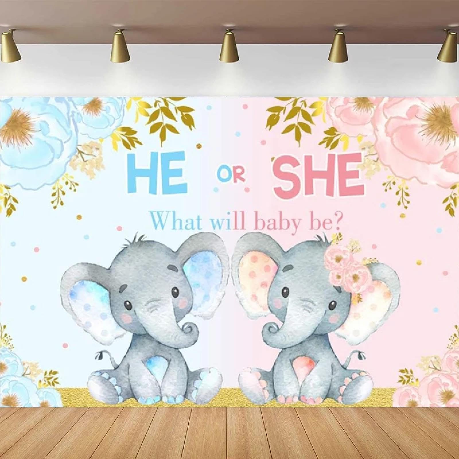 Gender Reveal tło fotograficzne różowe lub niebieskie słonie, kwiat, tło chłopca lub dziewczynki, co będzie dzieckiem, dekoracja na imprezę, baner 440 x 300 cm