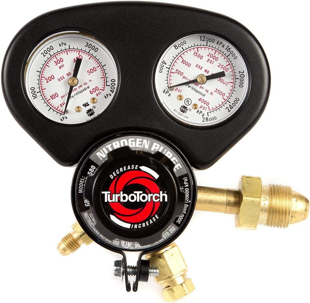 TURBOTORCH 0386-0875 G Series Nitrogen Purge Regulator, Low Profile Design, Easy Grip Knobs, 2" Gauges, Gauge Guard, Alloy Bonnet, 500 PSI Delivery, 1/4" Flare Fitting, Single Stage Regulator